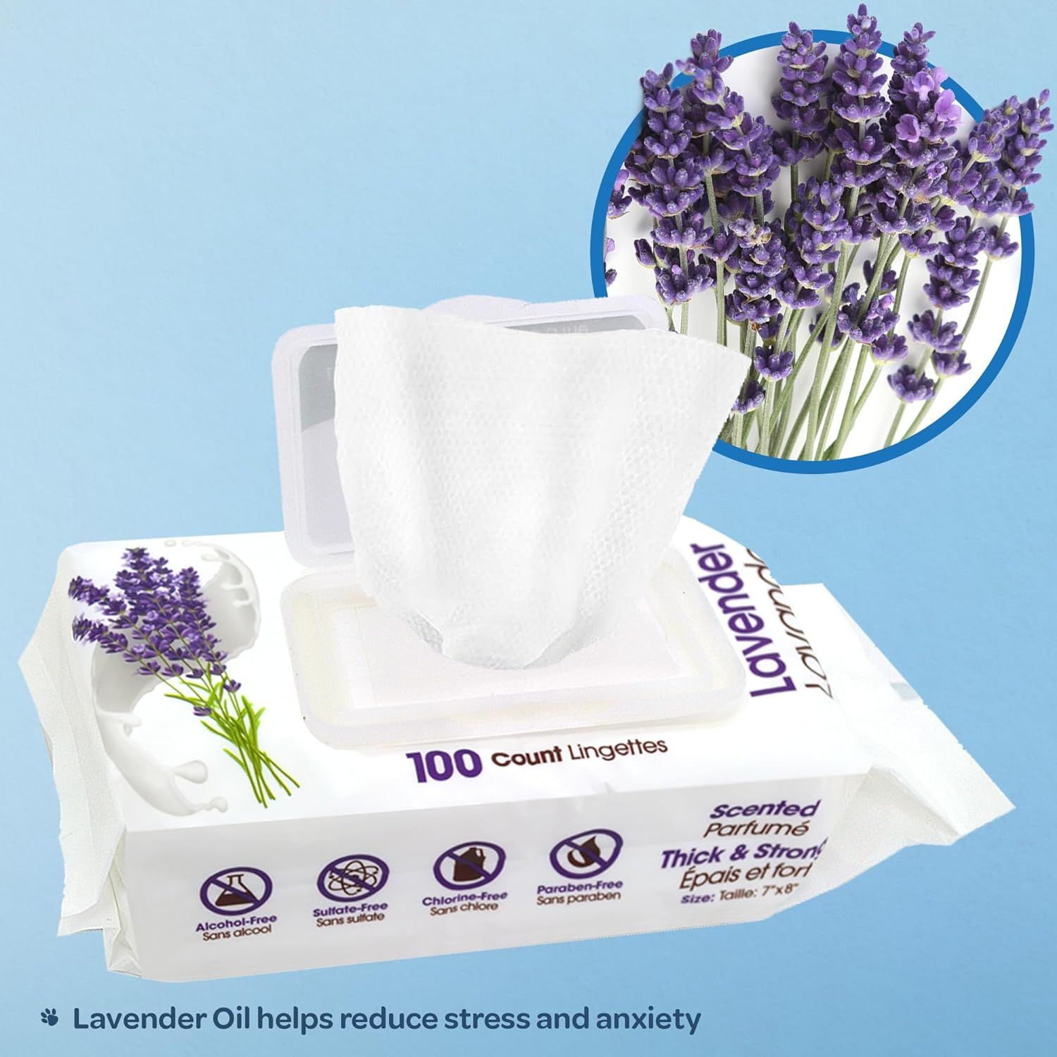 Highlights the lavender oil ingredient and its calming benefit to reassure shoppers that these wipes offer aromatherapy and stress-reduction properties.