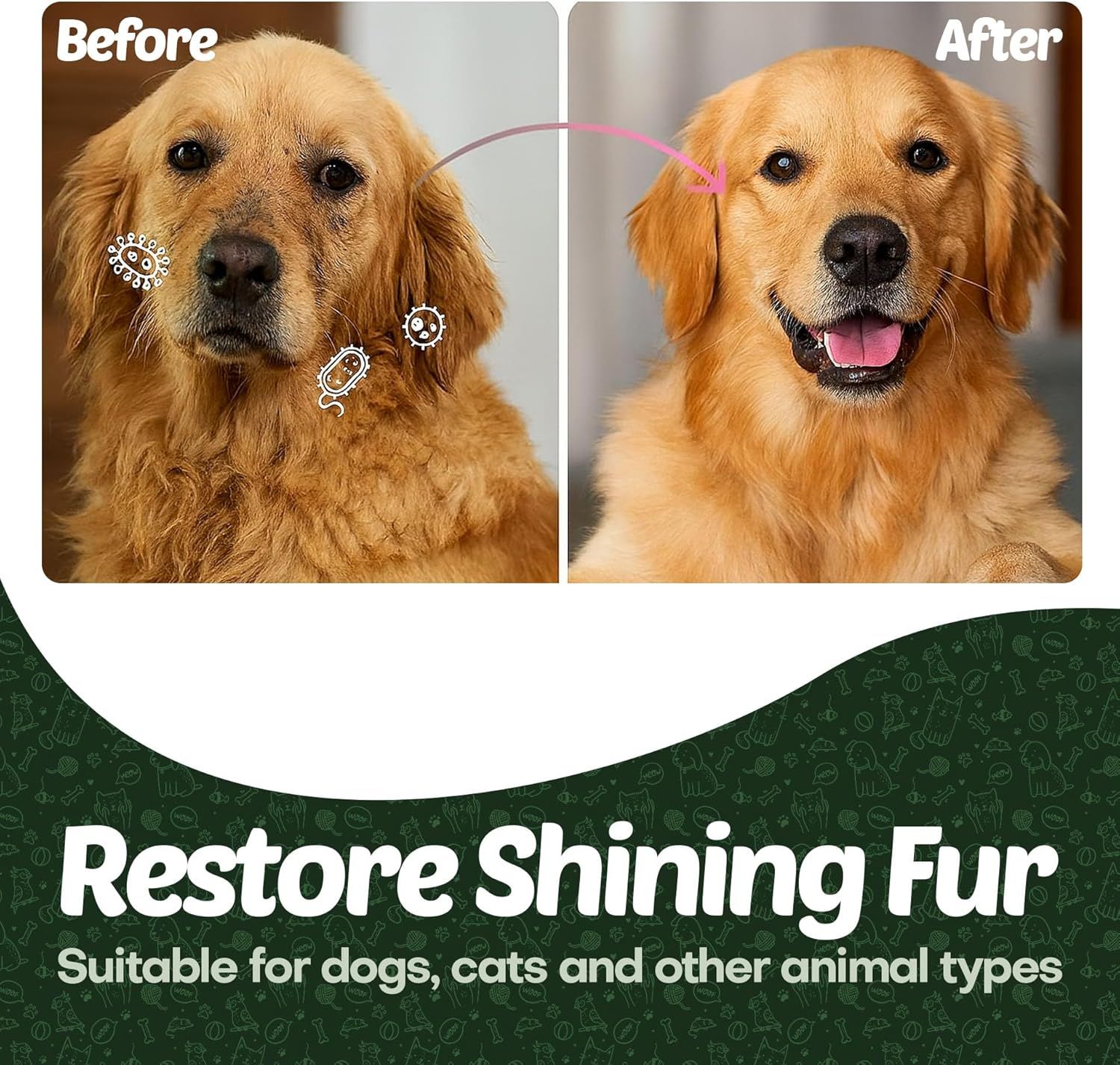 Demonstrates the product's effectiveness by showing a visual transformation of a dog's coat from dull and dirty to clean and shiny, proving the product delivers visible grooming results.