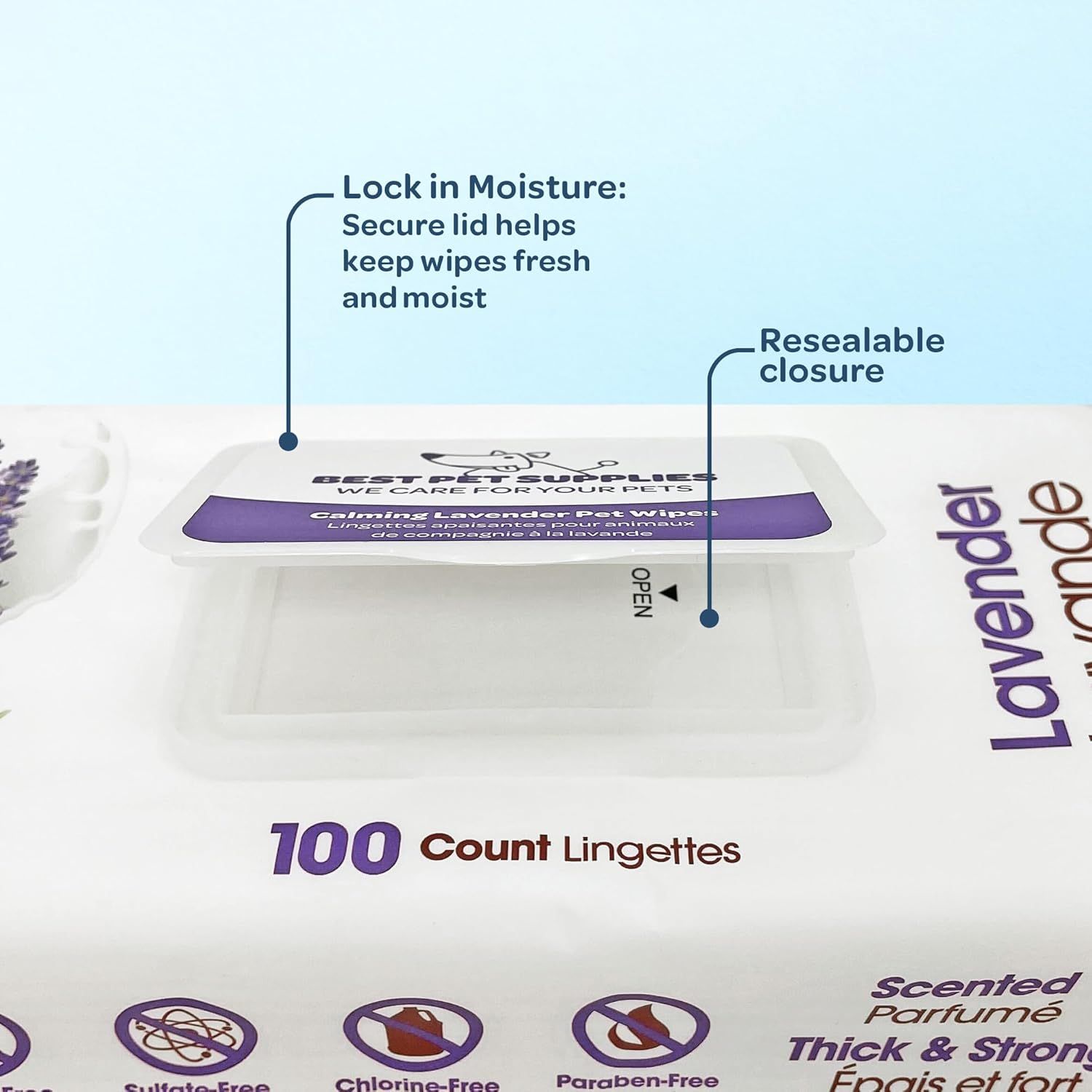 Highlights the physical features of the wipes packaging that keep wipes fresh and moist, reassuring shoppers about product quality and usability. Communicates the quantity of wipes included in the…