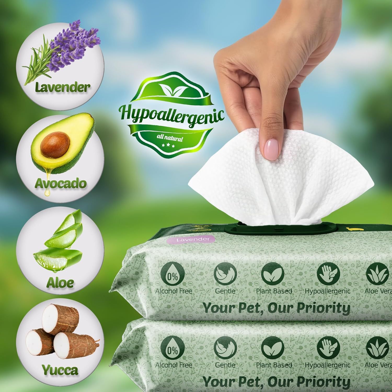 Communicates multiple product benefits in a segmented layout, highlighting the natural, safe, and gentle ingredients used in these pet wipes to reassure pet owners about product quality and safety.