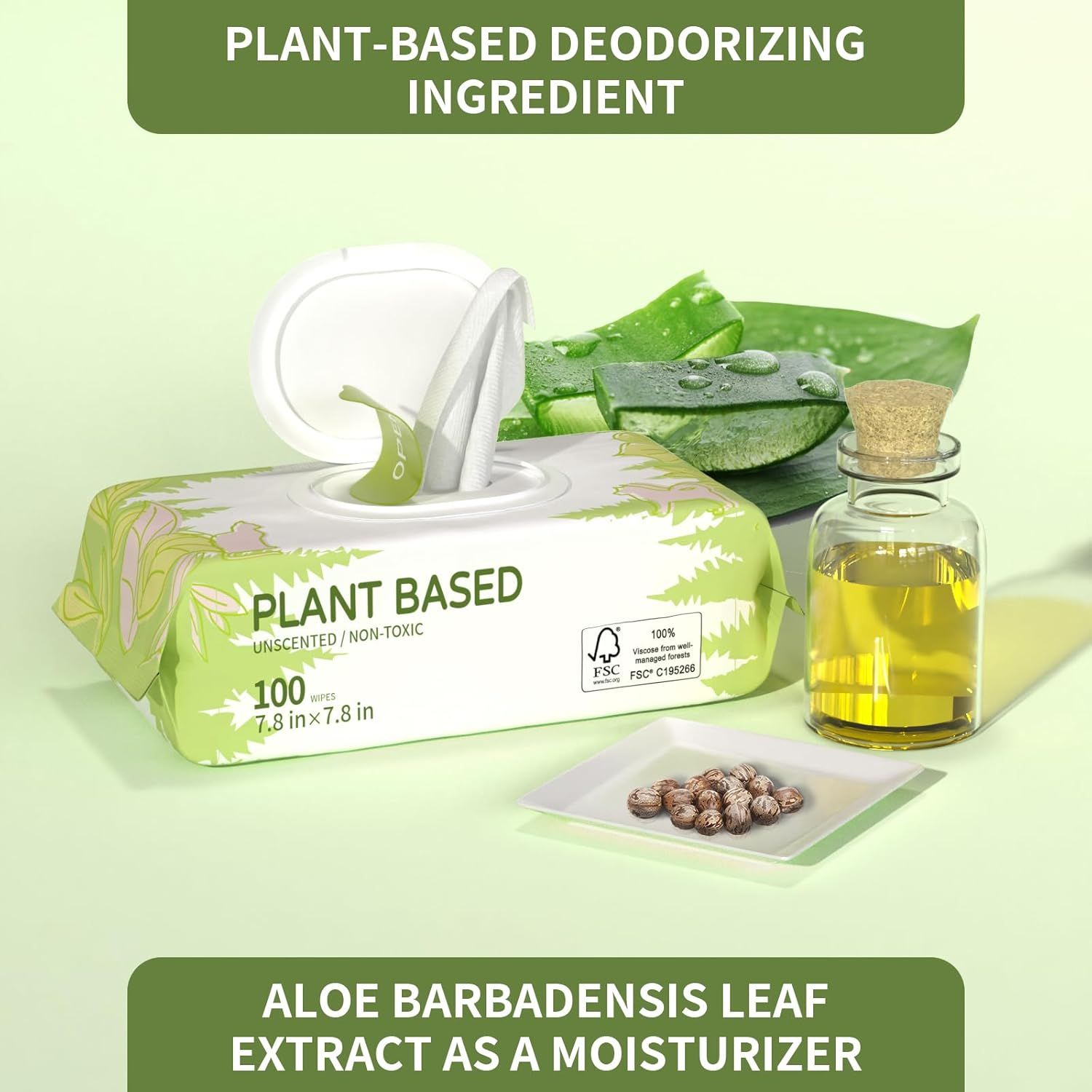 Communicates that the wipes contain natural, plant-based ingredients (aloe extract) that deodorize and moisturize, reassuring eco-conscious shoppers about the product's gentle, natural formulation.…