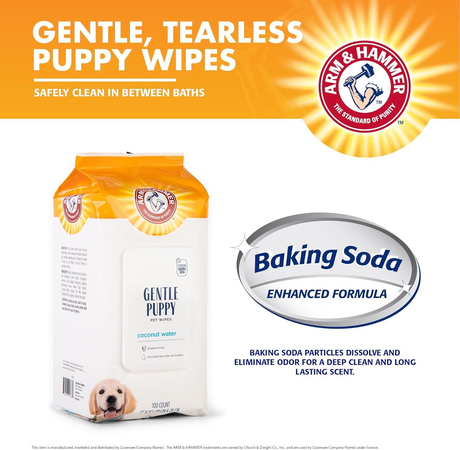 Highlights the baking soda ingredient and its benefit of dissolving particles to eliminate odor and provide a deep clean with long-lasting scent, reassuring pet owners of effective cleaning between…
