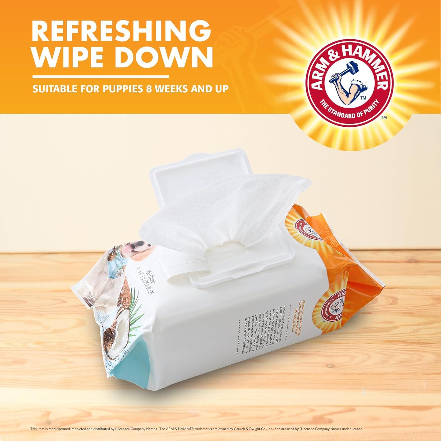 Communicates the refreshing benefit of the wipes and reassures pet owners that the product is safe and suitable for young puppies.