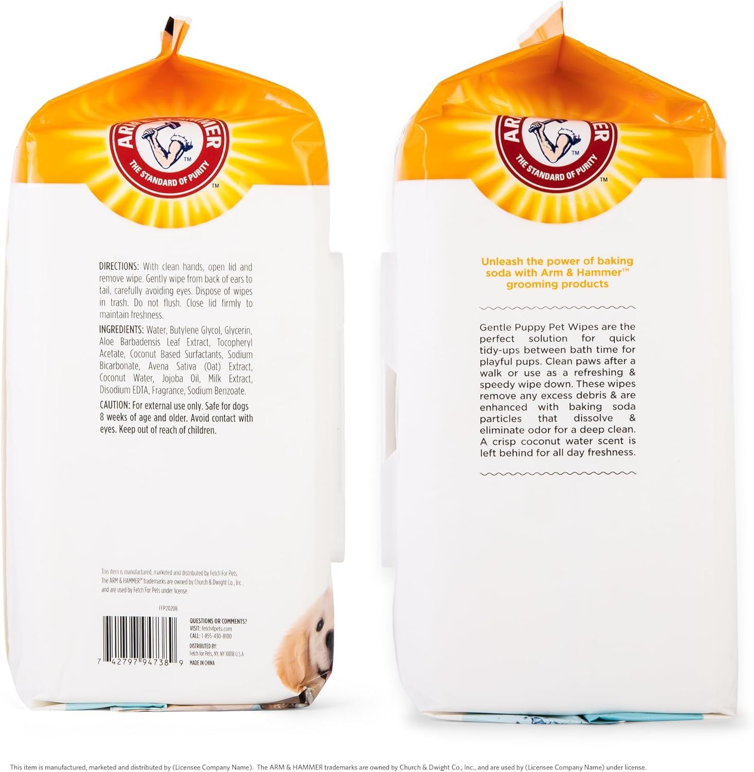 Communicates that these gentle puppy wipes are enhanced with Arm & Hammer baking soda particles for deep cleaning and odor elimination, reassuring pet owners of effective cleaning between baths.