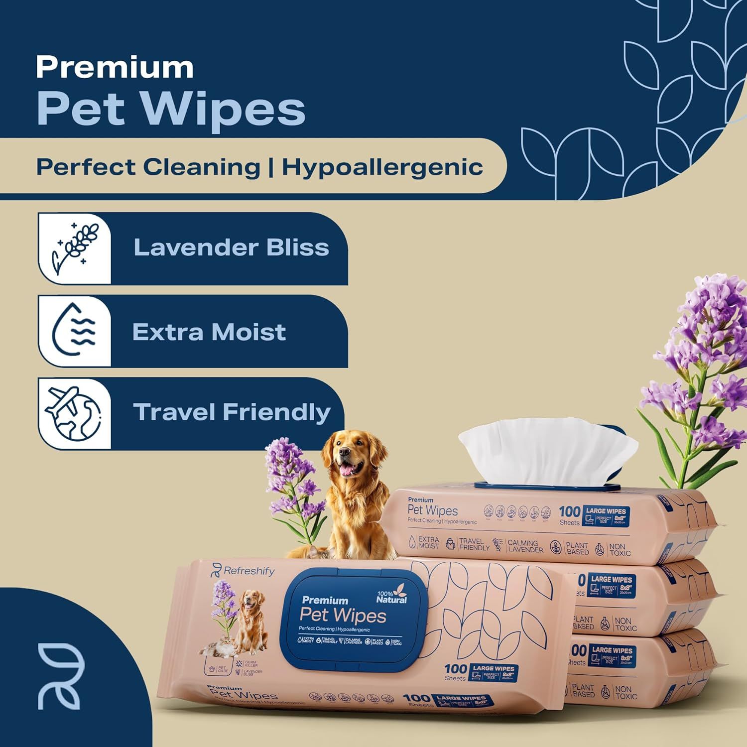 Communicates multiple distinct product benefits in a segmented layout to show shoppers the variety of features these premium pet wipes offer, including scent, moisture level, portability, and…