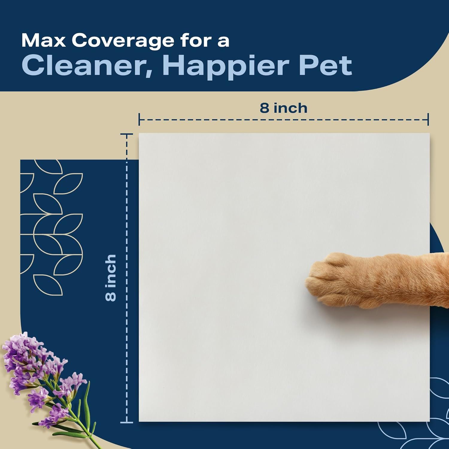 Communicates the exact physical dimensions of the product (8 inches by 8 inches) to help shoppers understand the coverage area and ensure it fits their needs for pet messes. Highlights the product's…