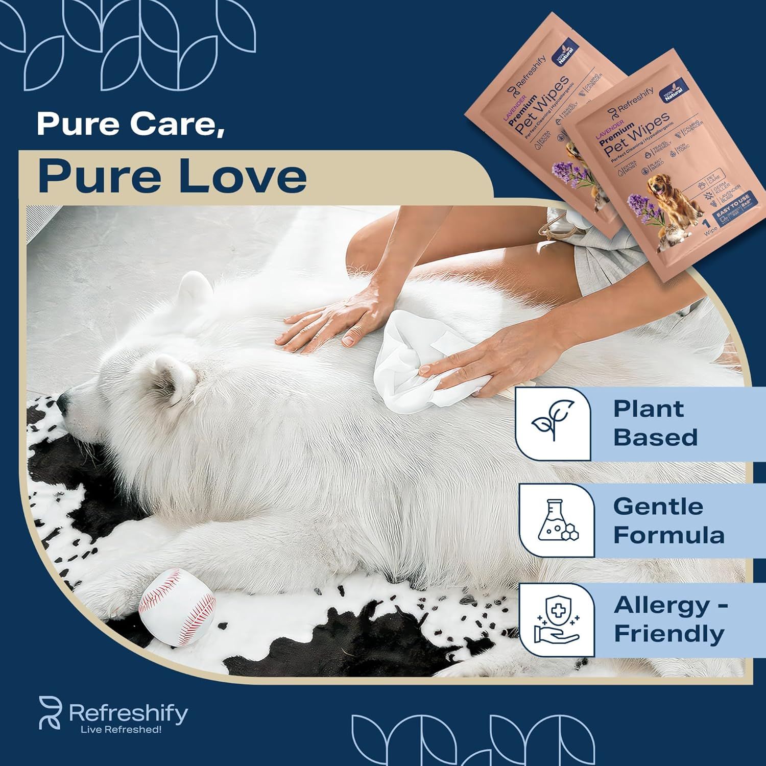 Communicates multiple key benefits of the pet wipes—plant-based ingredients, gentle formulation, and allergy-friendly properties—to reassure pet owners about product safety and quality.