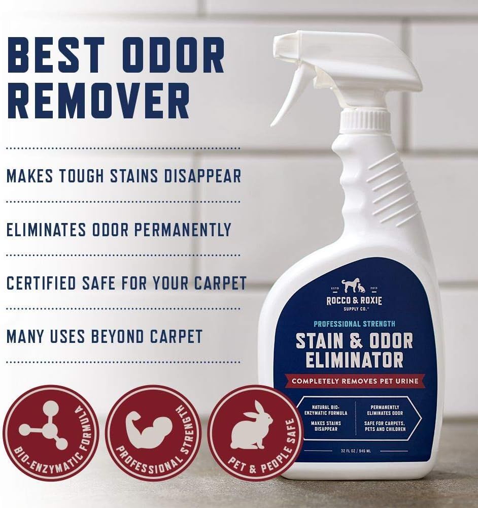 Communicates multiple key benefits of the stain and odor eliminator in a segmented list format to show shoppers why this product is effective and versatile for pet owners.