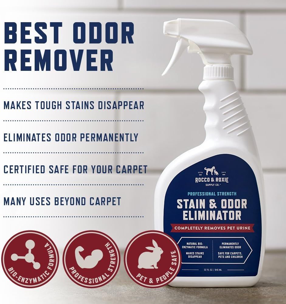 Communicates multiple key benefits of the stain and odor eliminator in a segmented layout, reassuring shoppers that the product removes tough stains, eliminates odors permanently, is safe for…
