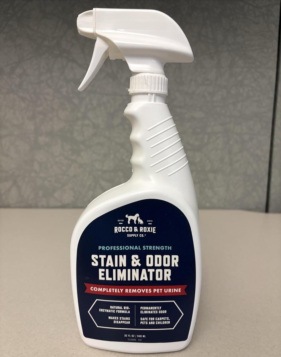 Communicates multiple distinct benefits of the stain and odor eliminator in a segmented layout, showing professional strength, enzymatic formula, permanent odor elimination, stain removal, and…