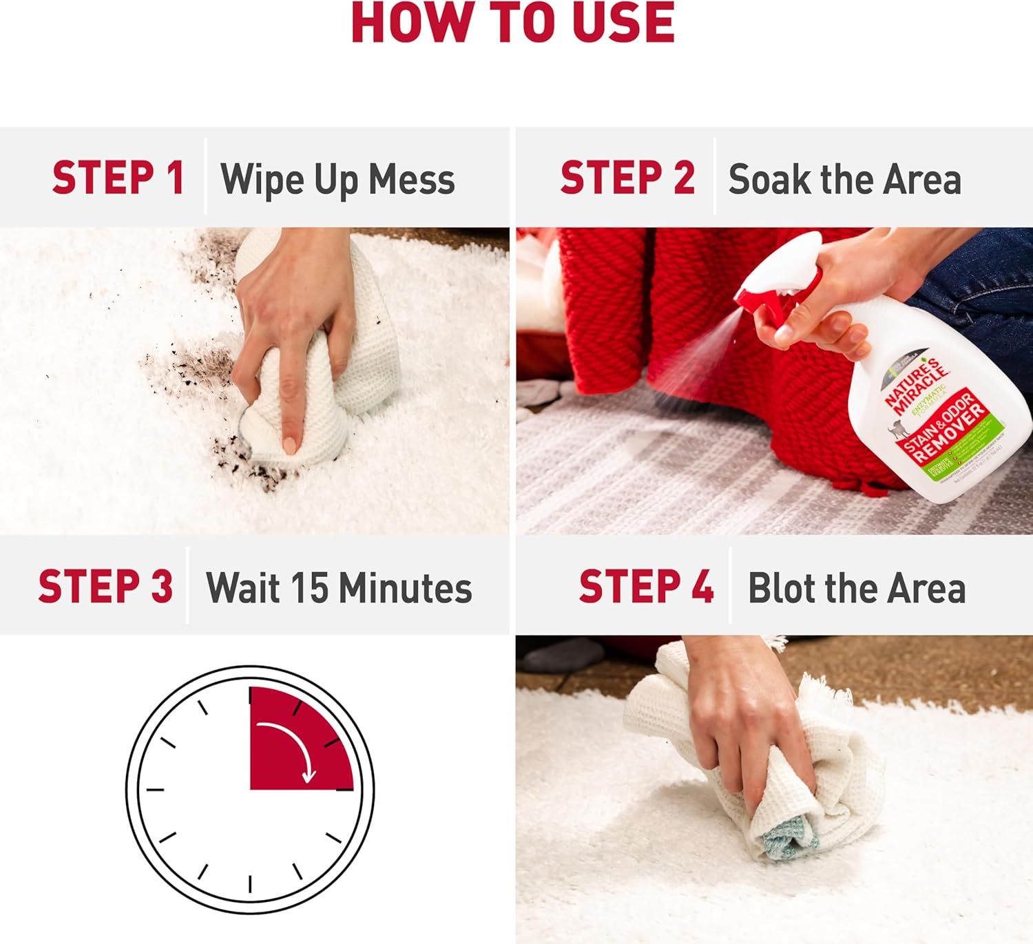 Provides clear, sequential instructions on how to use the stain remover product effectively, guiding shoppers through a 4-step cleaning process.