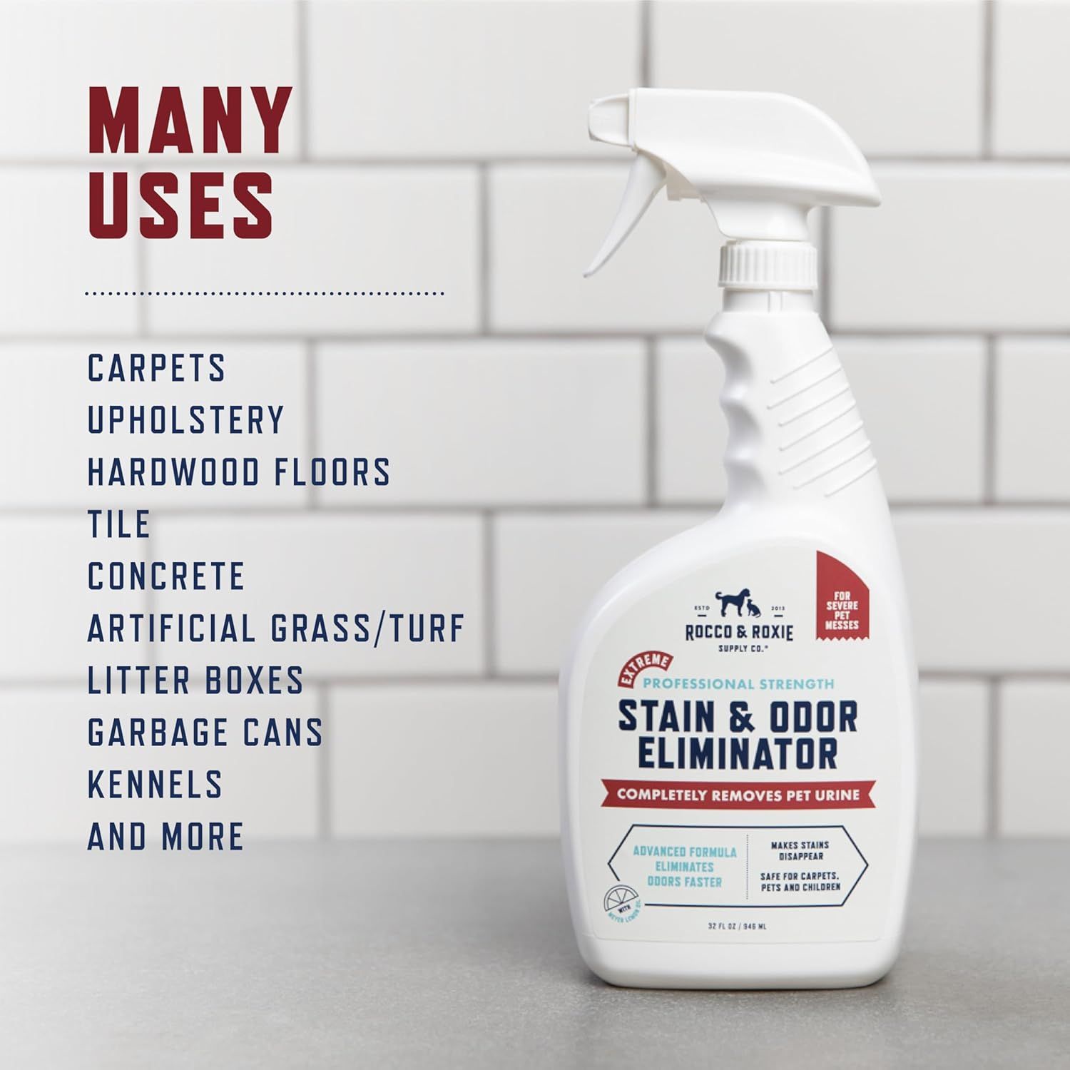 Demonstrates the product's versatility by showing it can be used across many different surfaces and scenarios (carpets, upholstery, hardwood, tile, concrete, artificial grass, litter boxes, garbage…