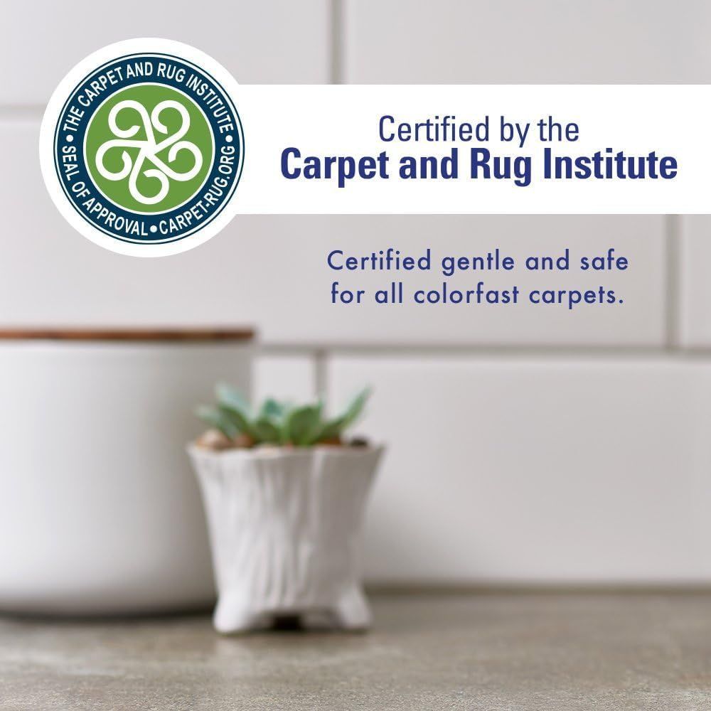 Communicates third-party certification from the Carpet and Rug Institute to reassure shoppers that the product is gentle, safe, and approved for use on all colorfast carpets.