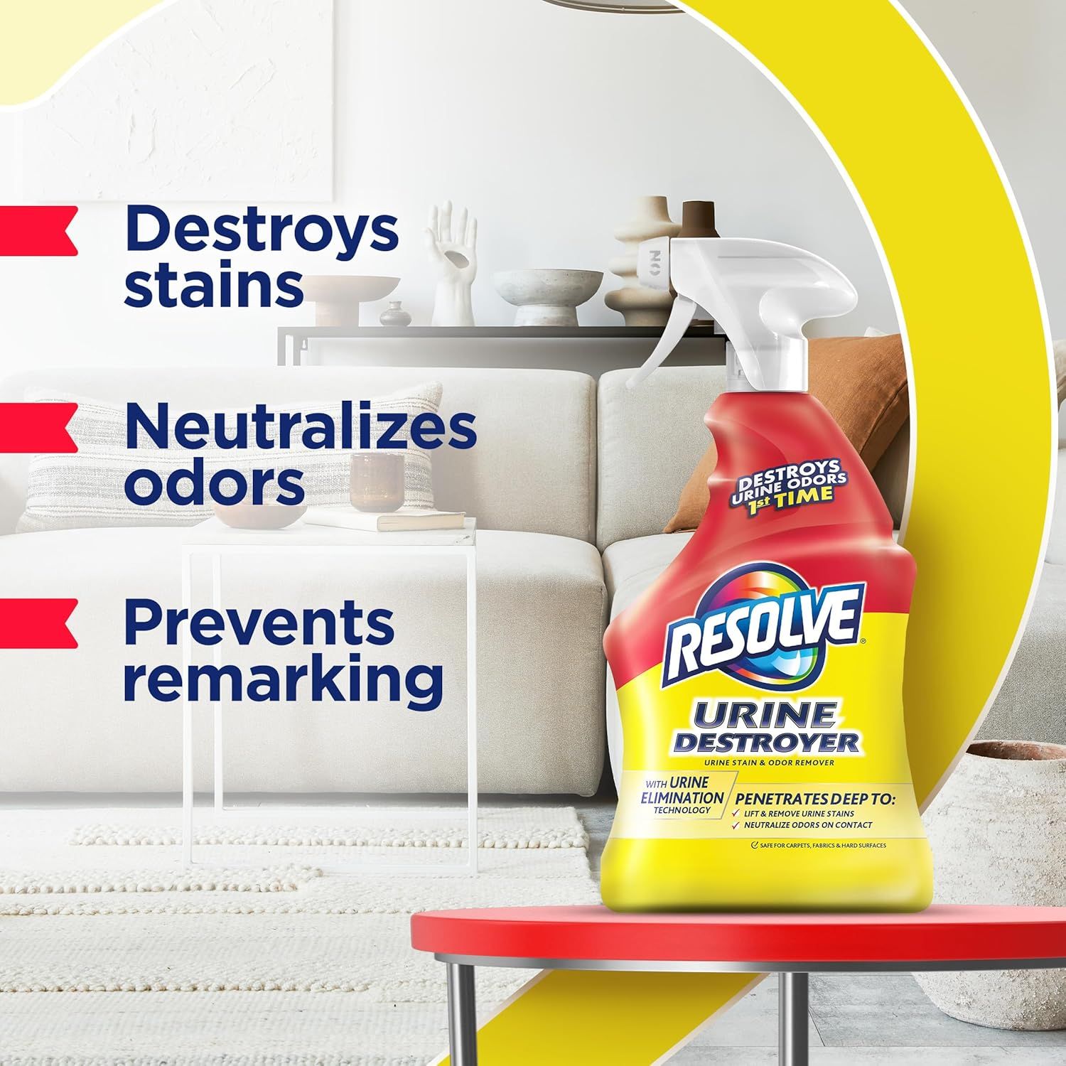 Communicates three distinct benefits of the urine destroyer product in a visually segmented layout to show comprehensive cleaning effectiveness.