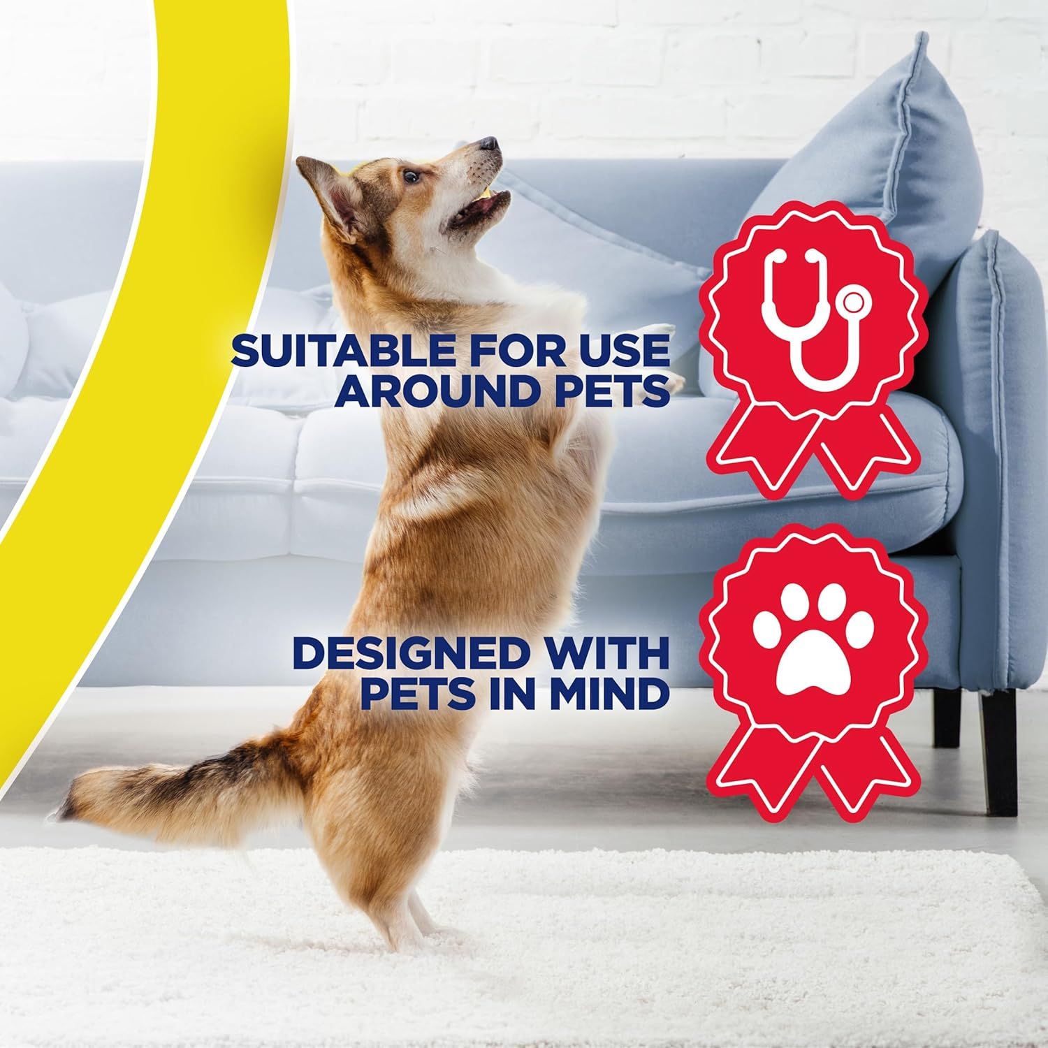 Reassures pet owners that the product is safe to use around animals, highlighting its pet-friendly design and suitability for households with pets. Communicates two distinct benefits through…