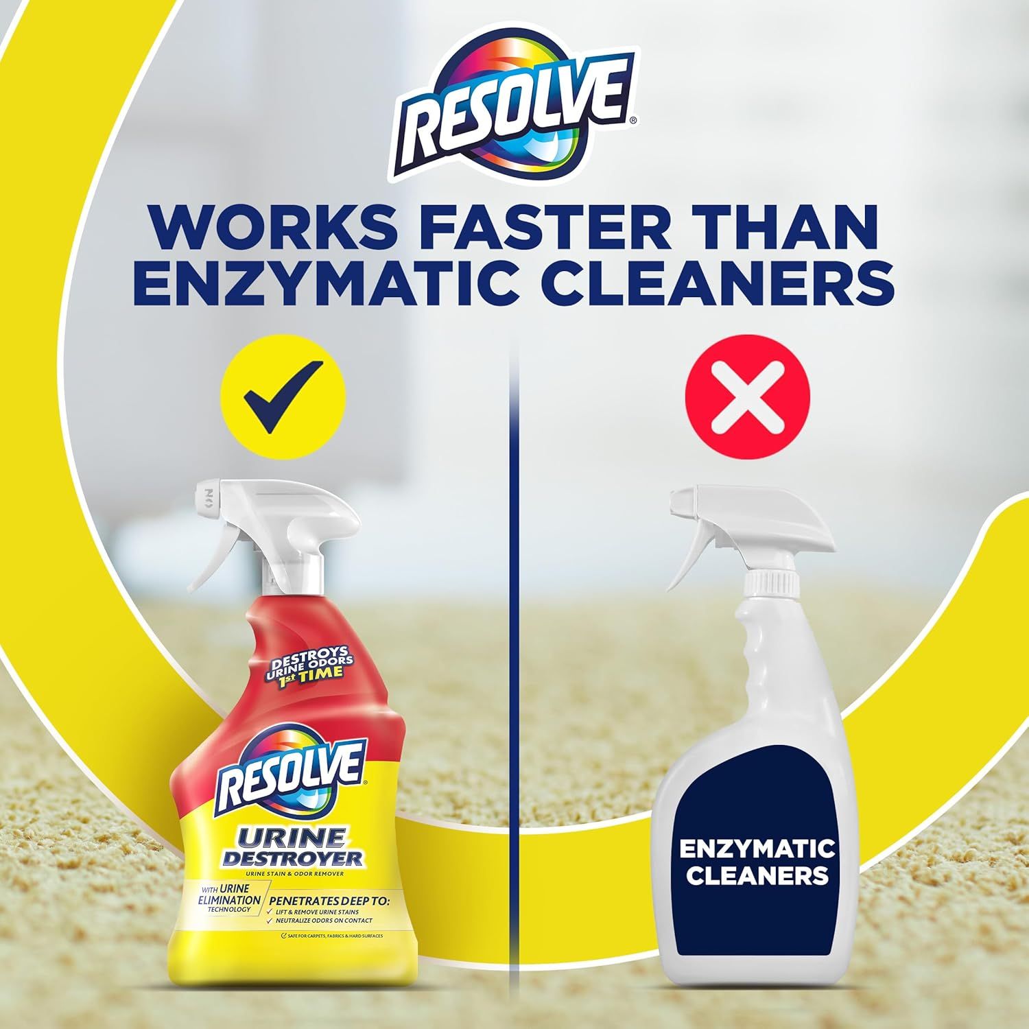 Demonstrates that Resolve works faster than enzymatic cleaners by using a side-by-side comparison with checkmark and X symbols to show superiority. Highlights the quantifiable performance claim that…