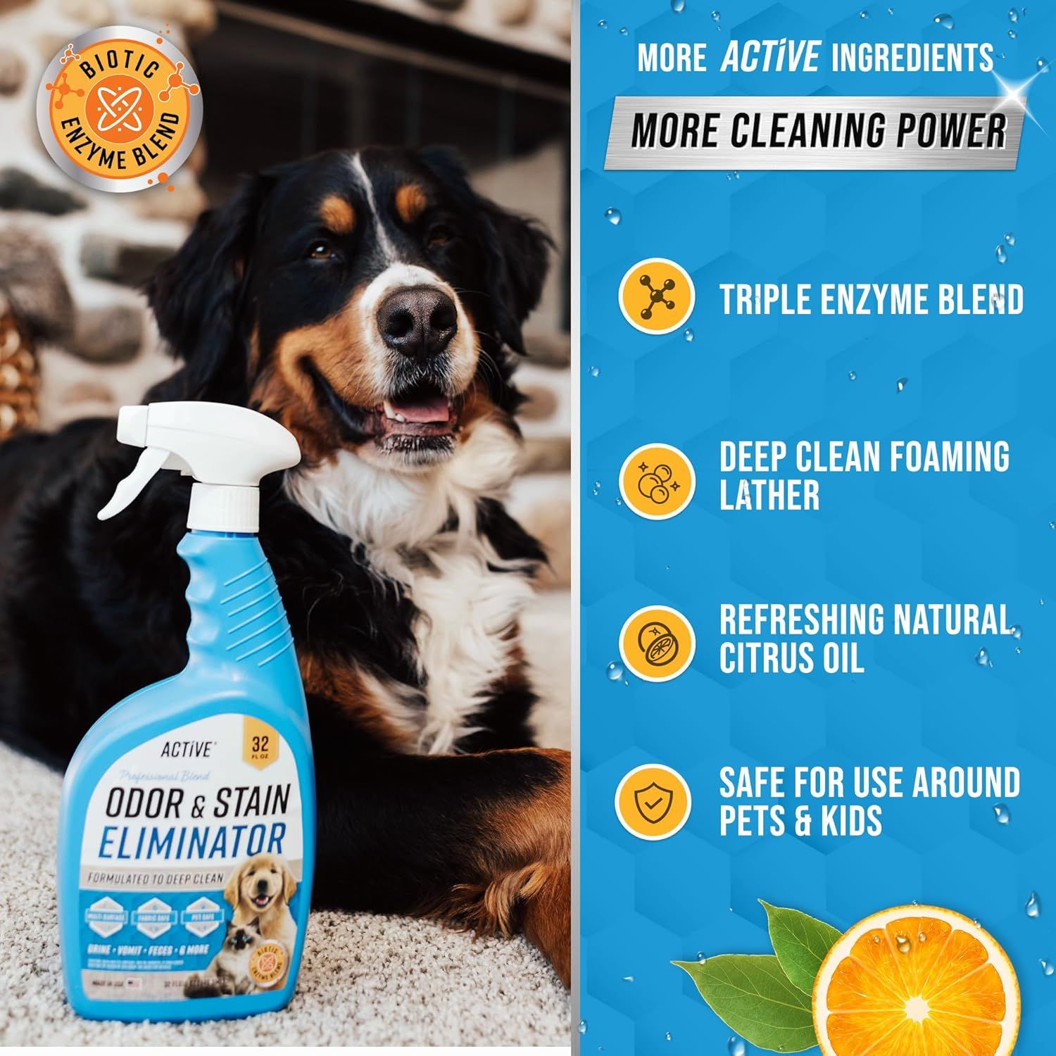 Communicates multiple distinct benefits of the pet odor and stain eliminator in a visually segmented layout, highlighting enhanced cleaning power, enzyme technology, foaming action, natural…