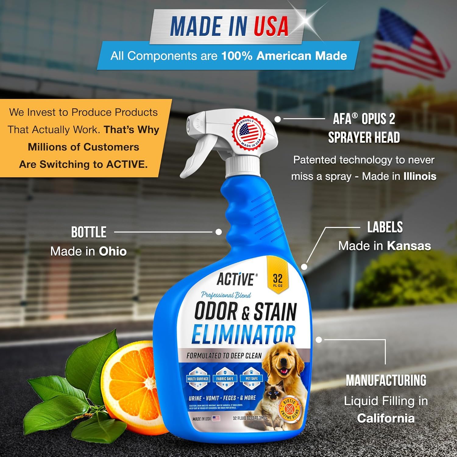 Breaks down the product by highlighting where each physical component is made, reinforcing the Made in USA brand message and building trust through transparency about American manufacturing.…