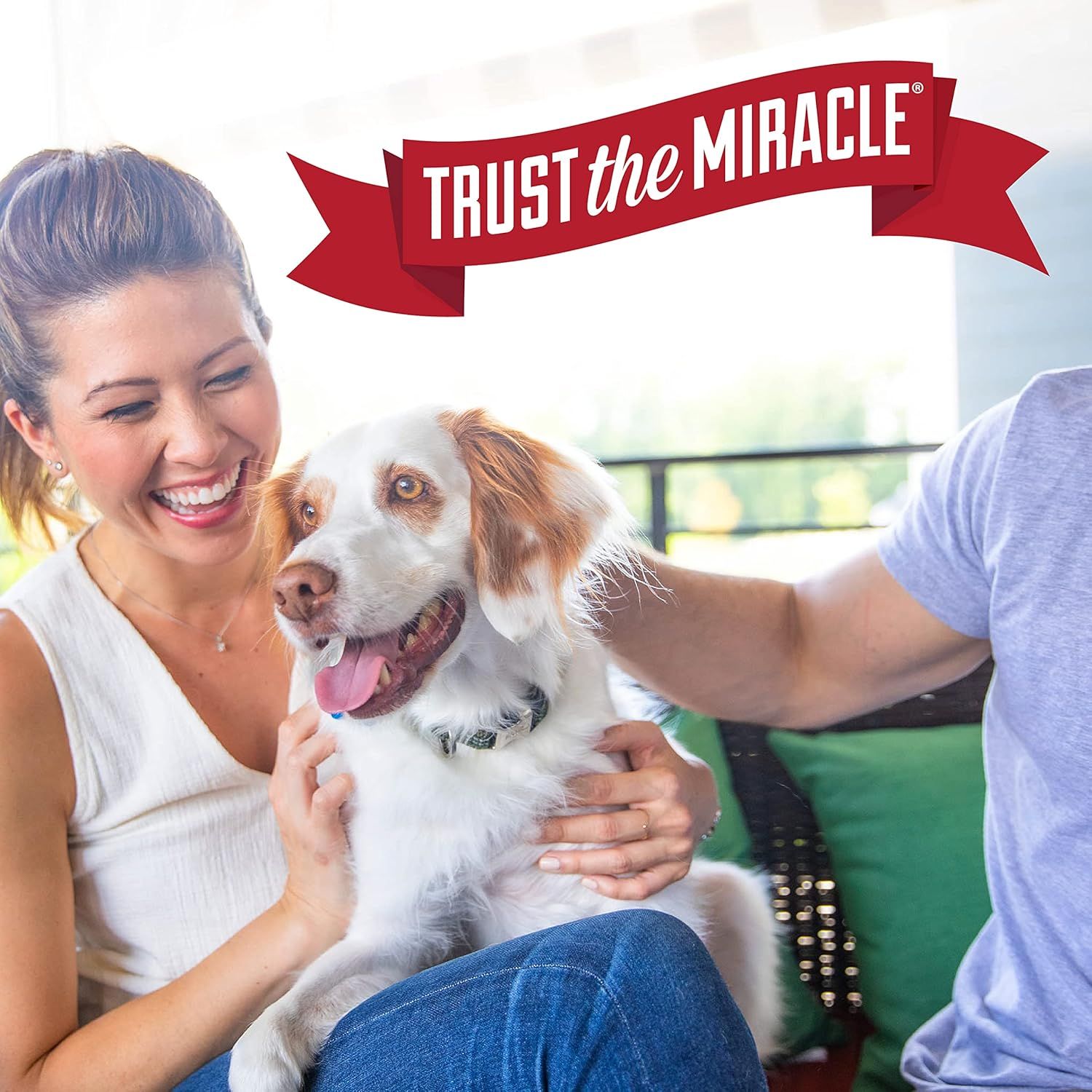 Communicates the brand's tagline 'Trust the Miracle' to build emotional connection and brand trust with pet owners, positioning the brand as reliable and effective.