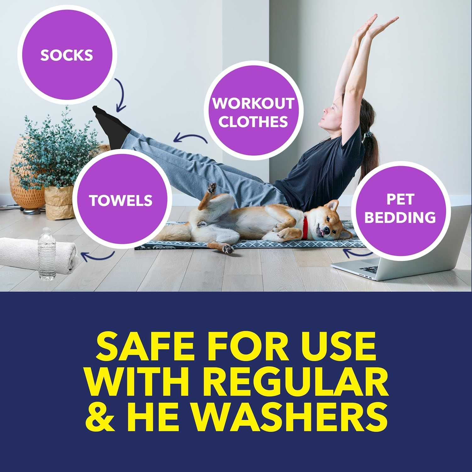 Demonstrates the versatility of the product by showing it can be safely used with multiple types of household items including clothing, towels, and pet bedding, reassuring shoppers of its broad…