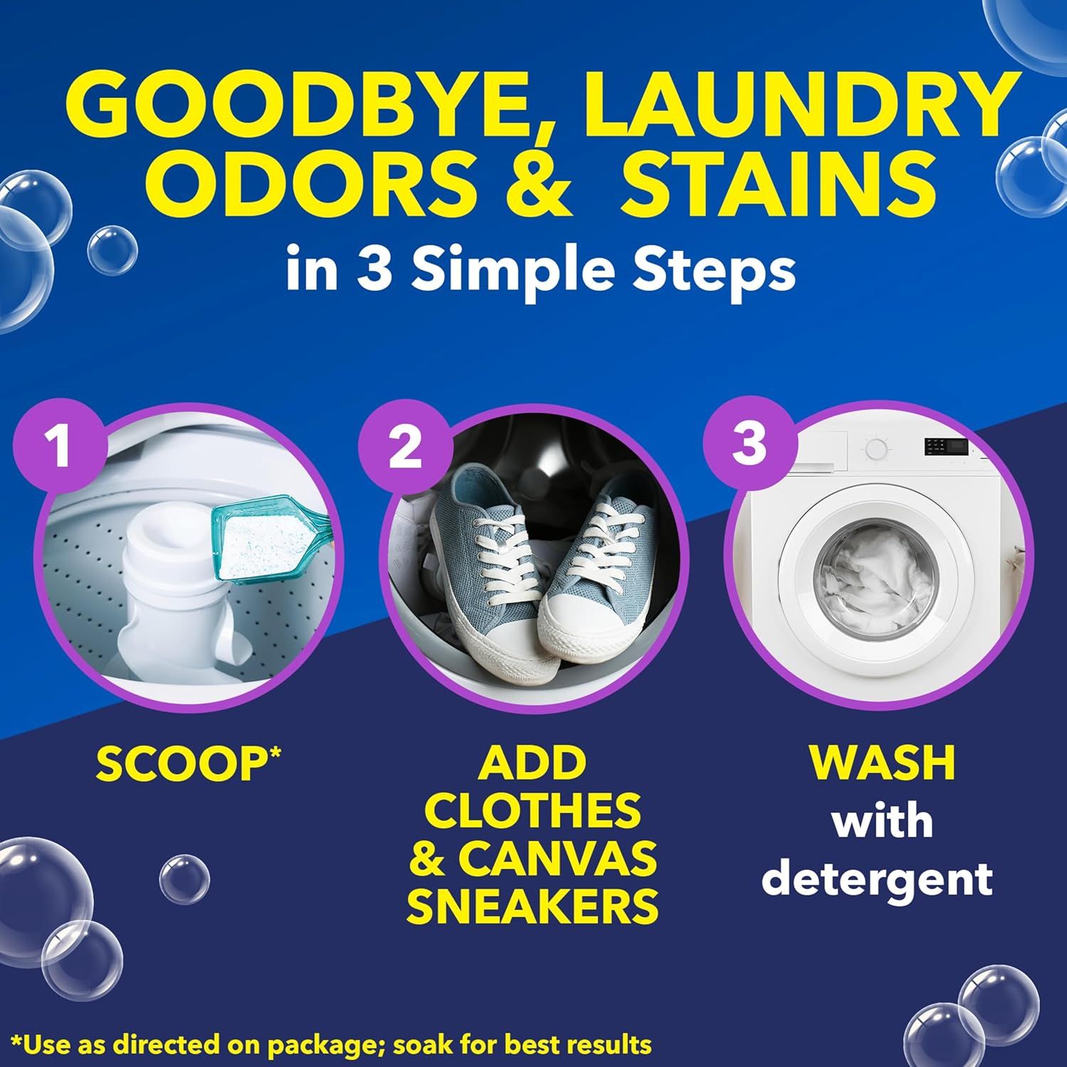 Demonstrates how to use the laundry product in three simple steps to eliminate odors and stains, making the process clear and approachable for shoppers.