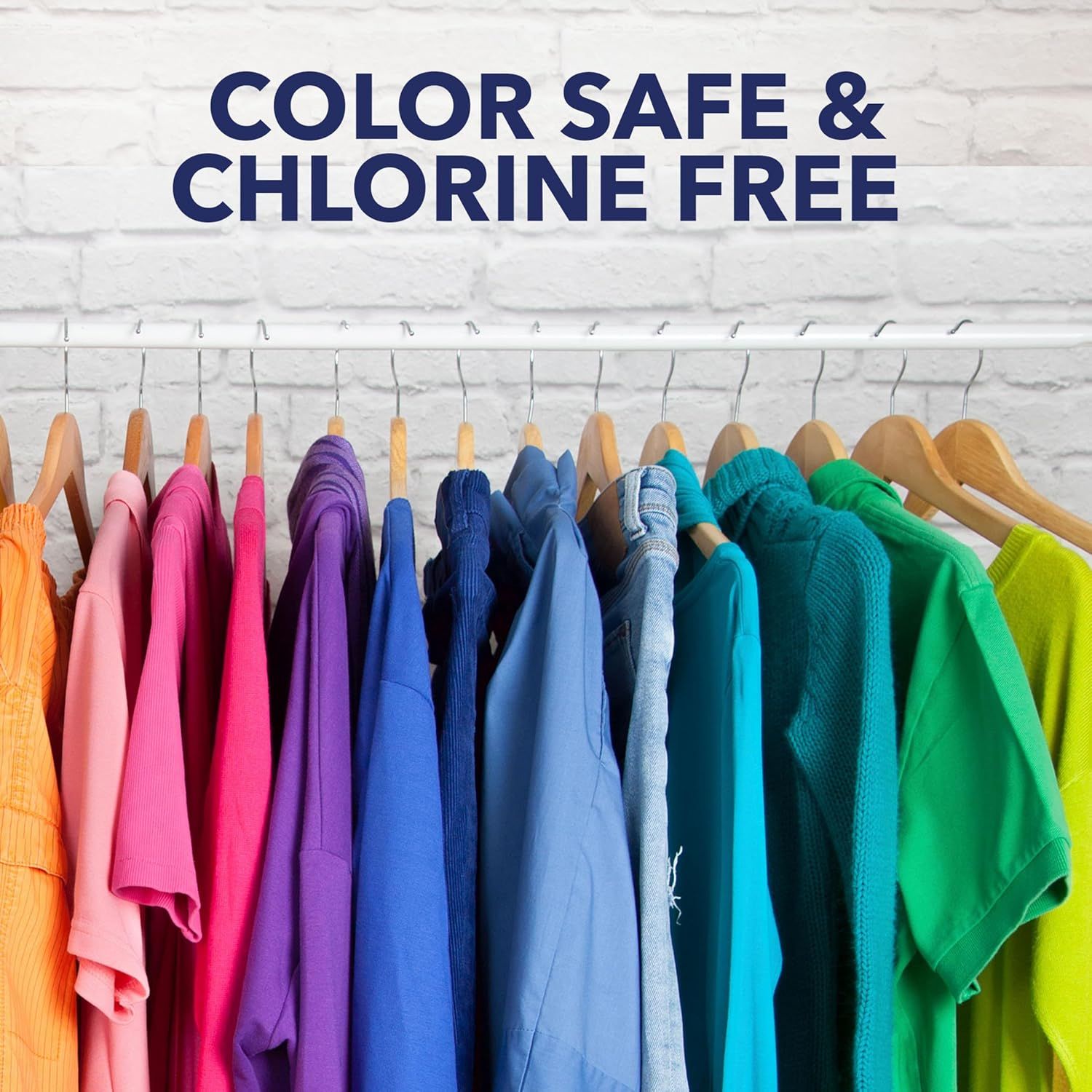 Communicates that the product is safe for colored fabrics and free from harsh chlorine, reassuring shoppers about gentle and fabric-friendly cleaning or care.
