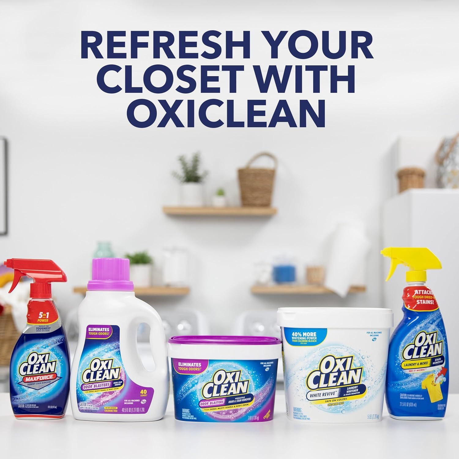 Displays the OxiClean product portfolio to help shoppers understand the range of cleaning solutions available from the brand and position OxiClean as a comprehensive closet/laundry care solution.