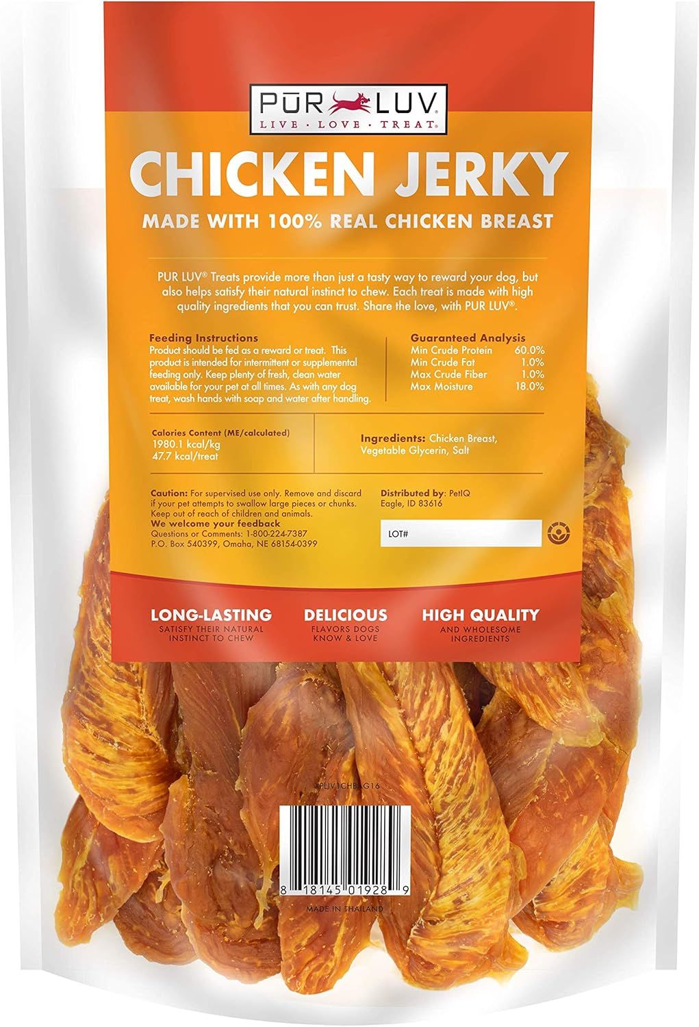 Communicates three distinct product benefits in a segmented layout to reassure shoppers that the chicken jerky satisfies dogs' natural chewing instinct, tastes great, and is made with wholesome…