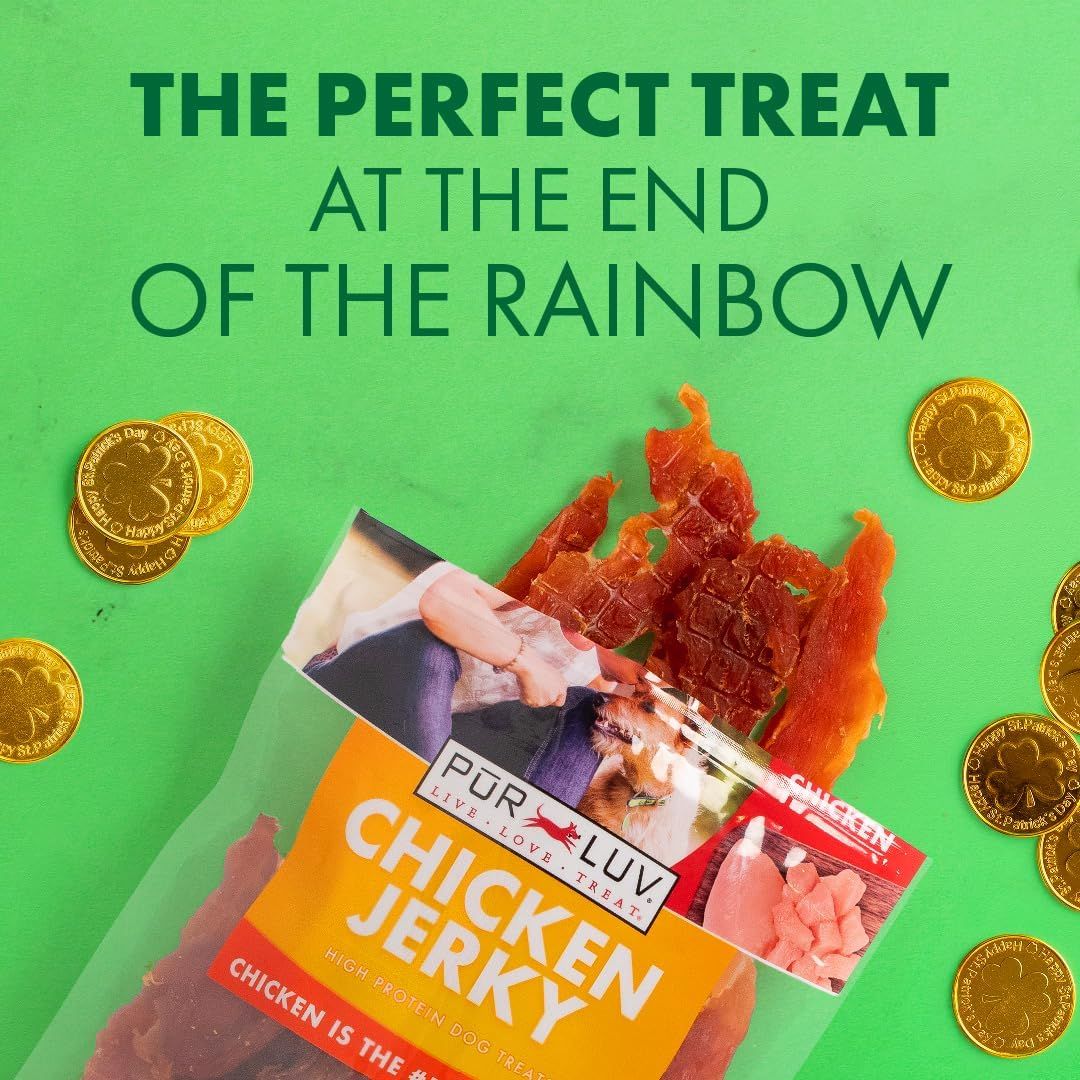 Positions the product as a festive treat perfect for St. Patrick's Day gifting or celebration, using rainbow and gold coin imagery to create seasonal appeal. Communicates that this chicken jerky is…