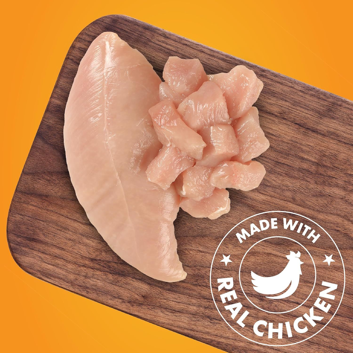 Communicates that the product is made with authentic, real chicken to reassure shoppers about ingredient quality and authenticity.