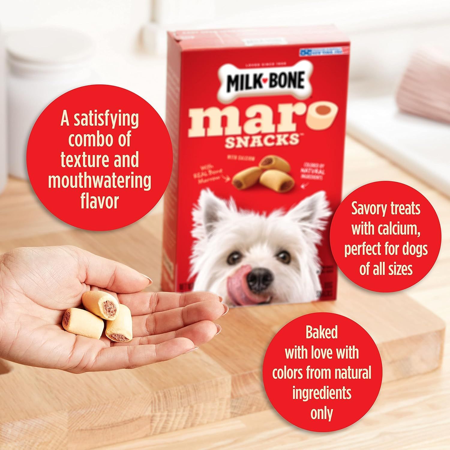 Communicates multiple distinct product benefits in a segmented layout to show why these dog treats are appealing, nutritious, and made with quality ingredients.