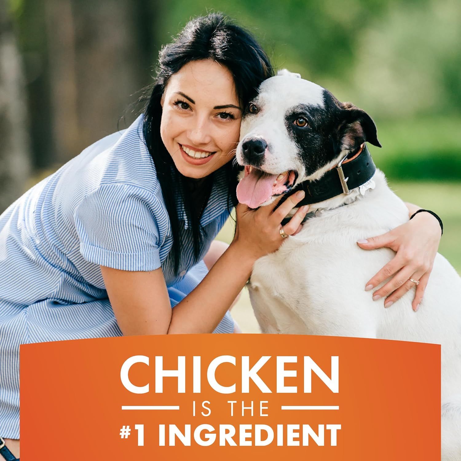 Communicates that chicken is the number one ingredient in the product, emphasizing quality nutrition and appealing to pet owners seeking high-protein, meat-first pet food.