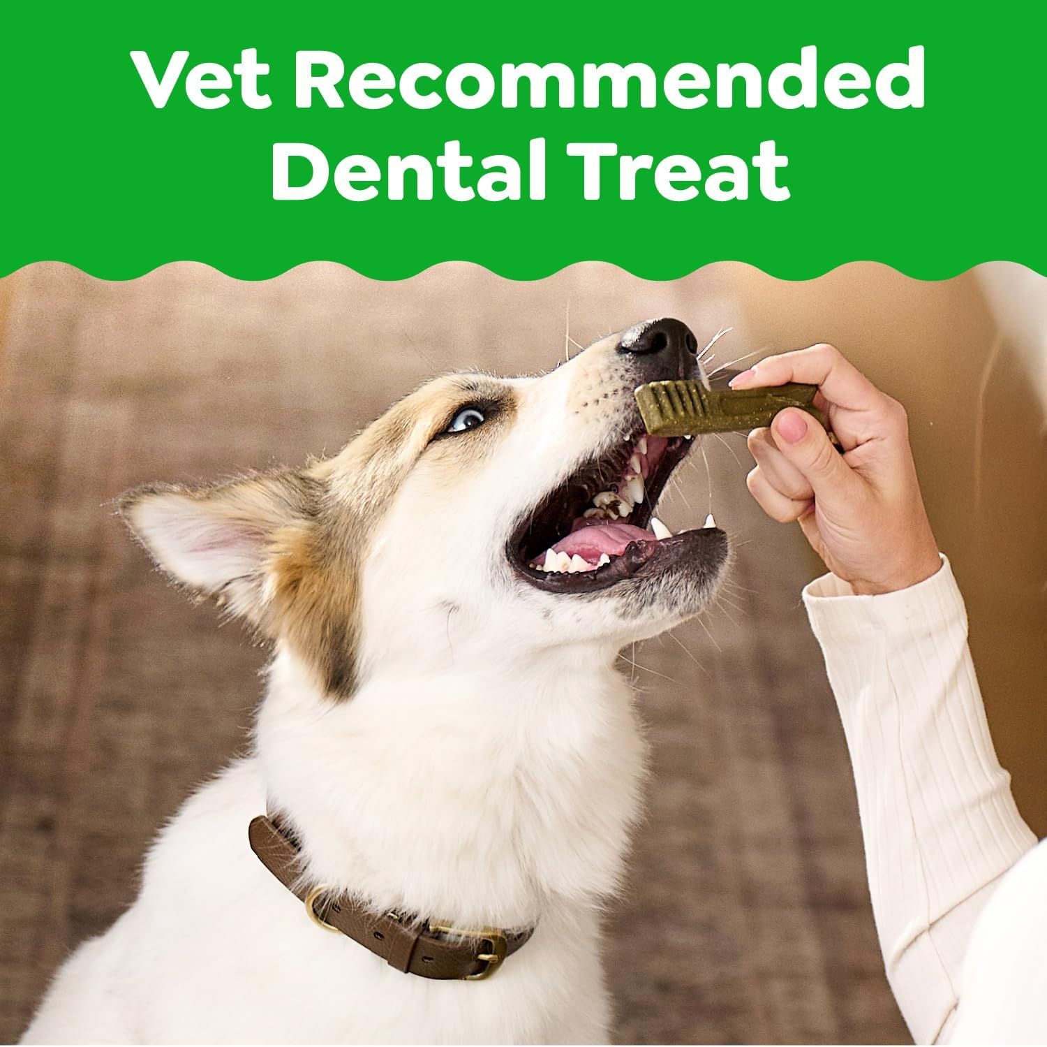 Builds trust and credibility by highlighting that the dental treat is recommended by veterinary professionals, reassuring pet owners about the product's safety and effectiveness. Communicates the…
