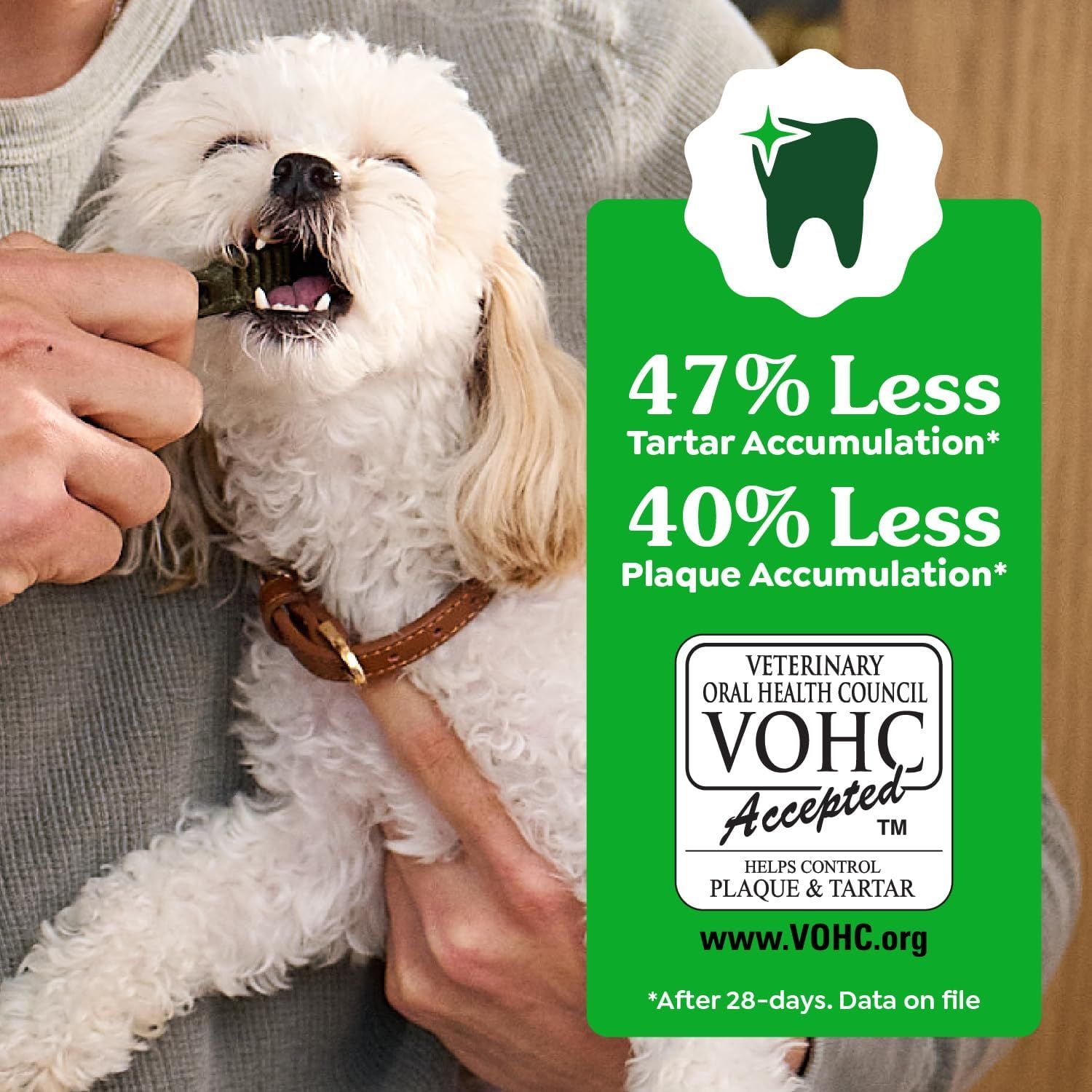 Communicates quantifiable dental health performance claims to reassure pet owners of the product's effectiveness in reducing tartar and plaque buildup, backed by VOHC certification. Highlights the…