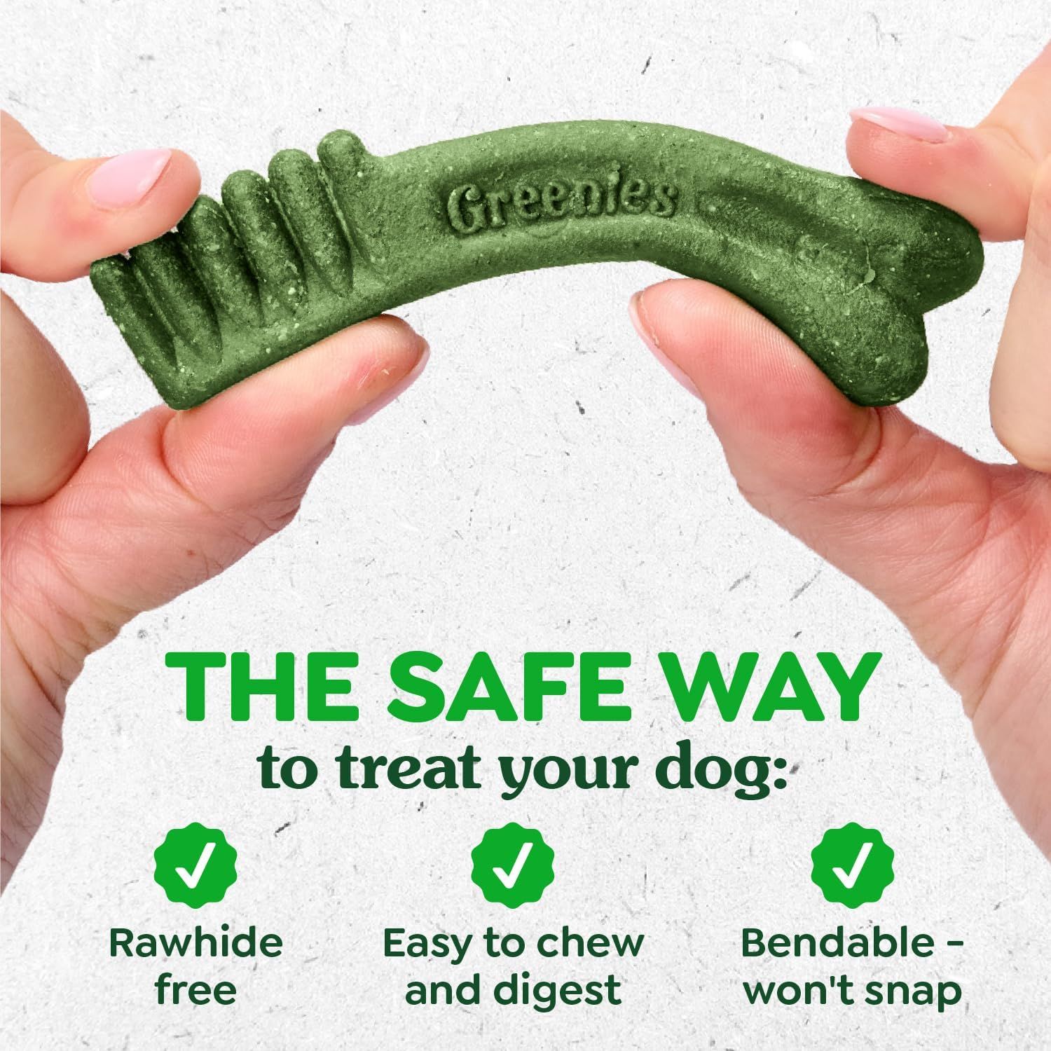 Reassures pet owners that this dog treat is safe and free from rawhide, addressing common safety concerns about pet chews. Highlights three distinct safety and usability benefits in a segmented…