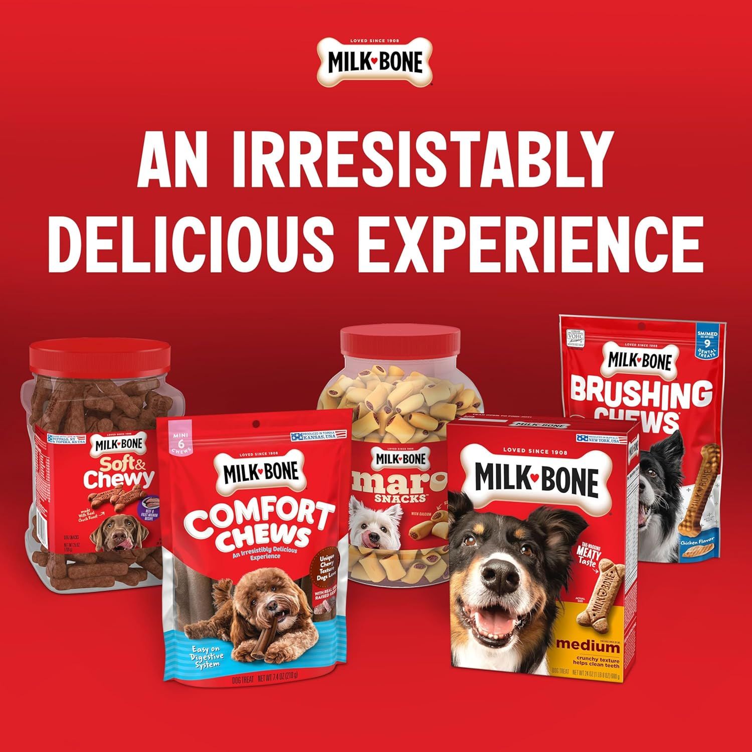 Showcases the Milk-Bone brand's diverse product portfolio and reinforces brand trust with heritage messaging, helping shoppers understand the variety of options available from this established brand.