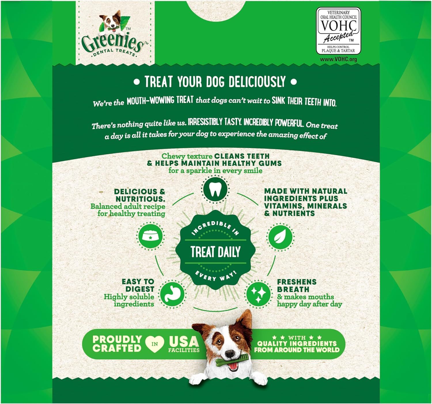 Communicates multiple distinct benefits of the dental treats in a segmented circular layout, showing how the product delivers comprehensive oral health and nutritional value for dogs.