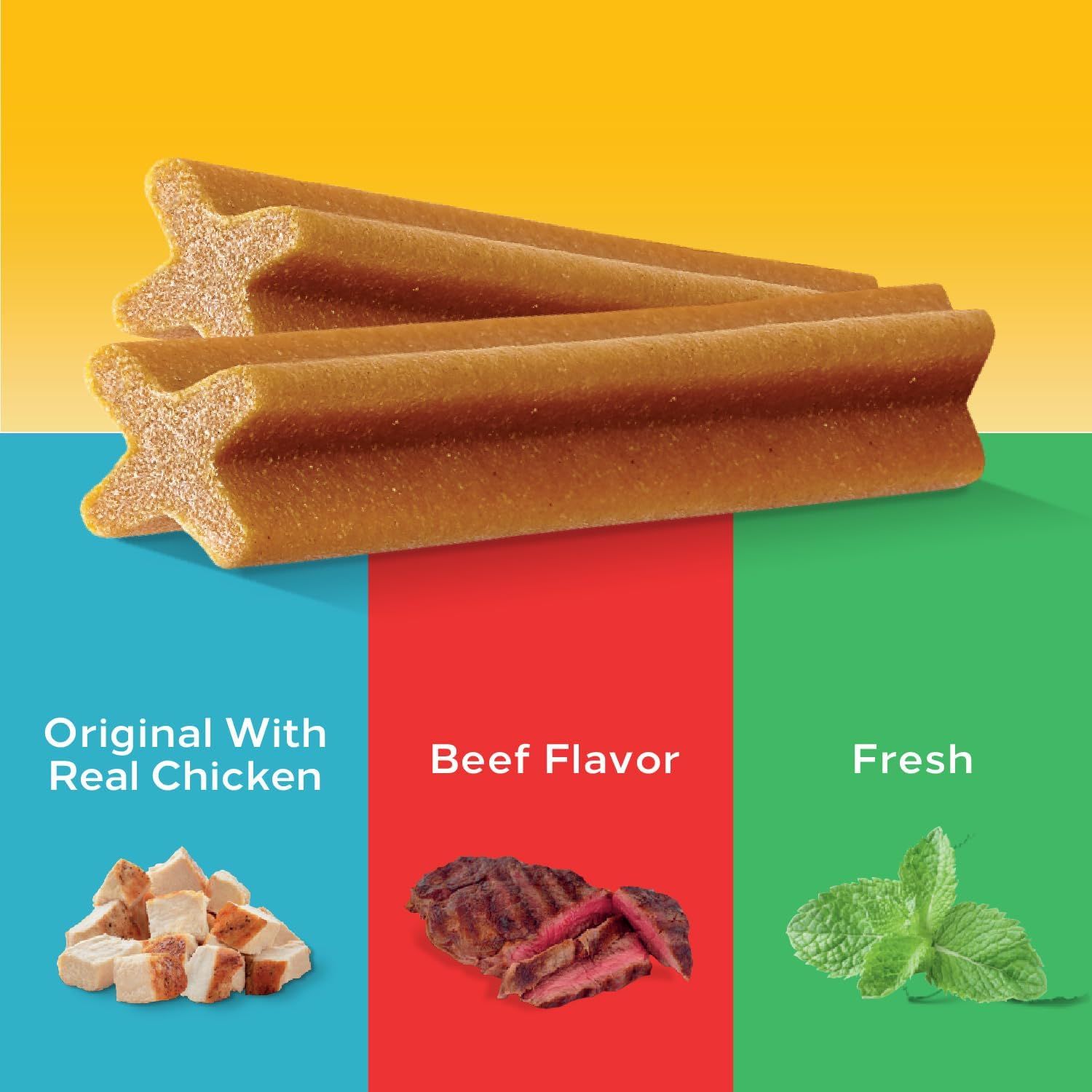 Showcases the brand's product lineup by displaying three different flavor options (Original with Real Chicken, Beef Flavor, and Fresh) to help shoppers choose the variety that best suits their pet's…