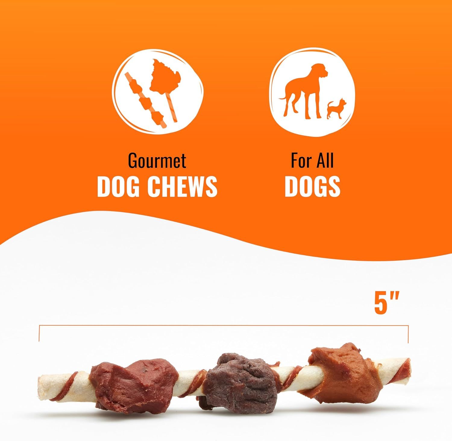 Communicates that these are premium gourmet dog chews suitable for all dog sizes, with clear size information to help shoppers make an informed purchase decision.