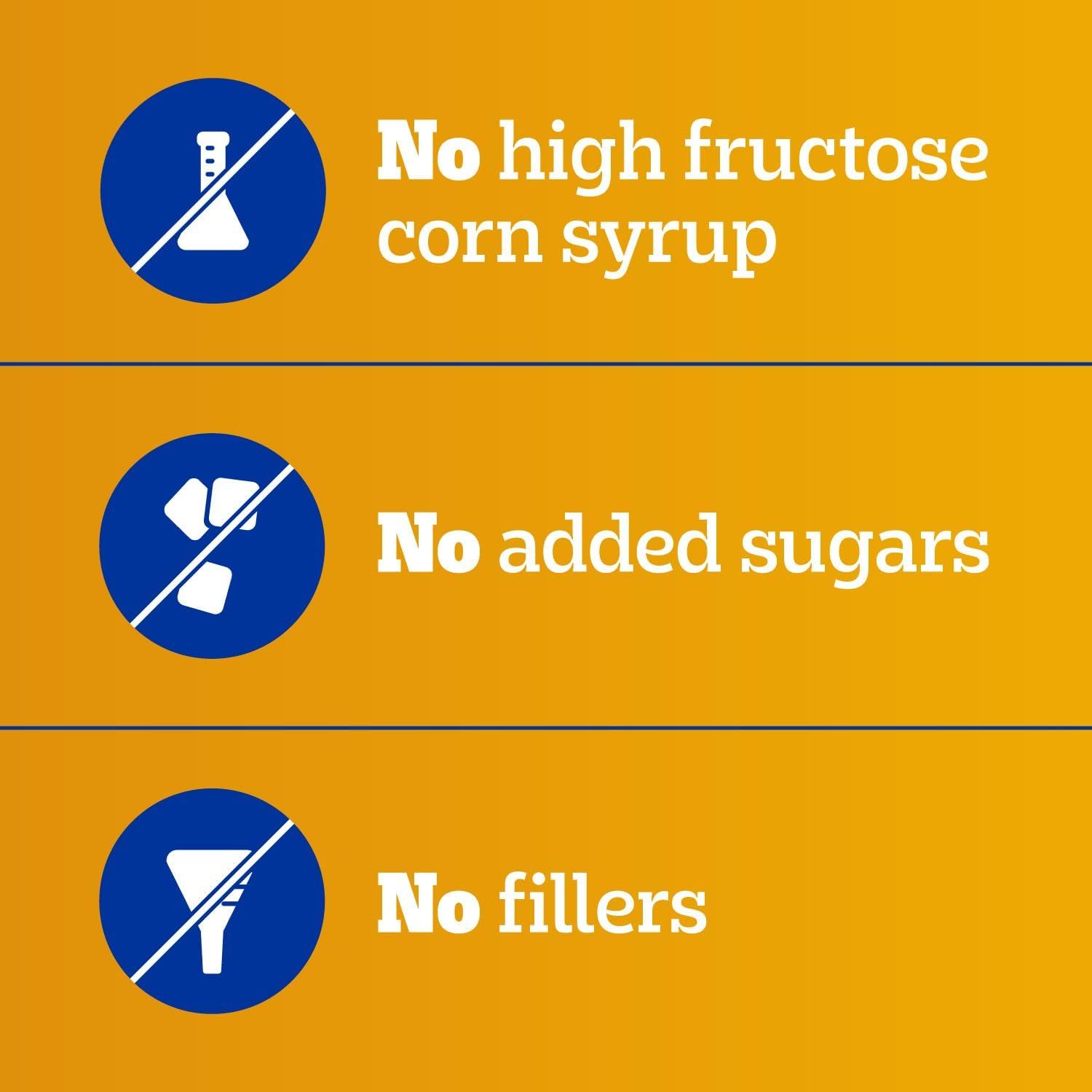 Communicates three distinct health-conscious benefits in a segmented layout to reassure shoppers that the product is free from unwanted ingredients.
