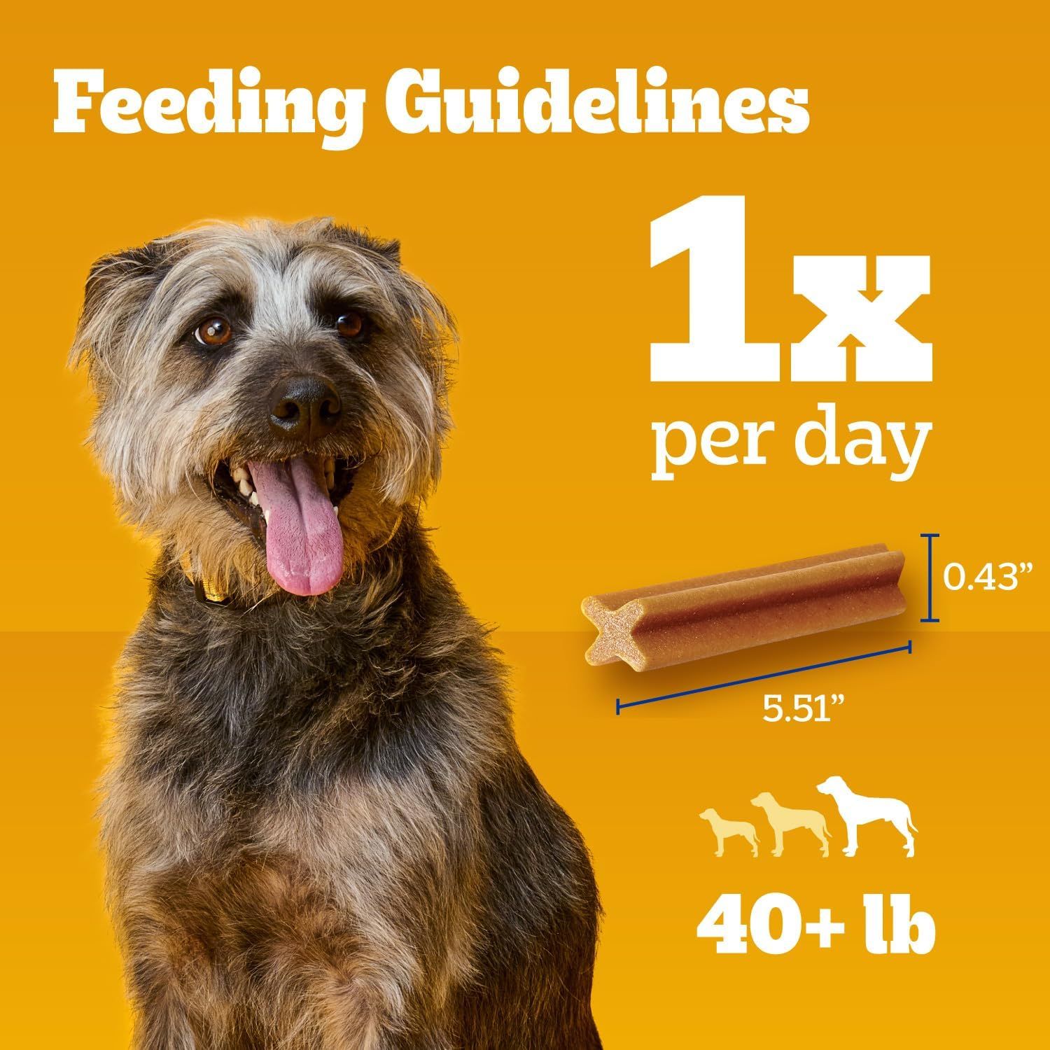Provides clear feeding guidelines for dog owners, showing how many treats to give per day based on dog size, along with exact product dimensions to help shoppers understand proper usage and portion…