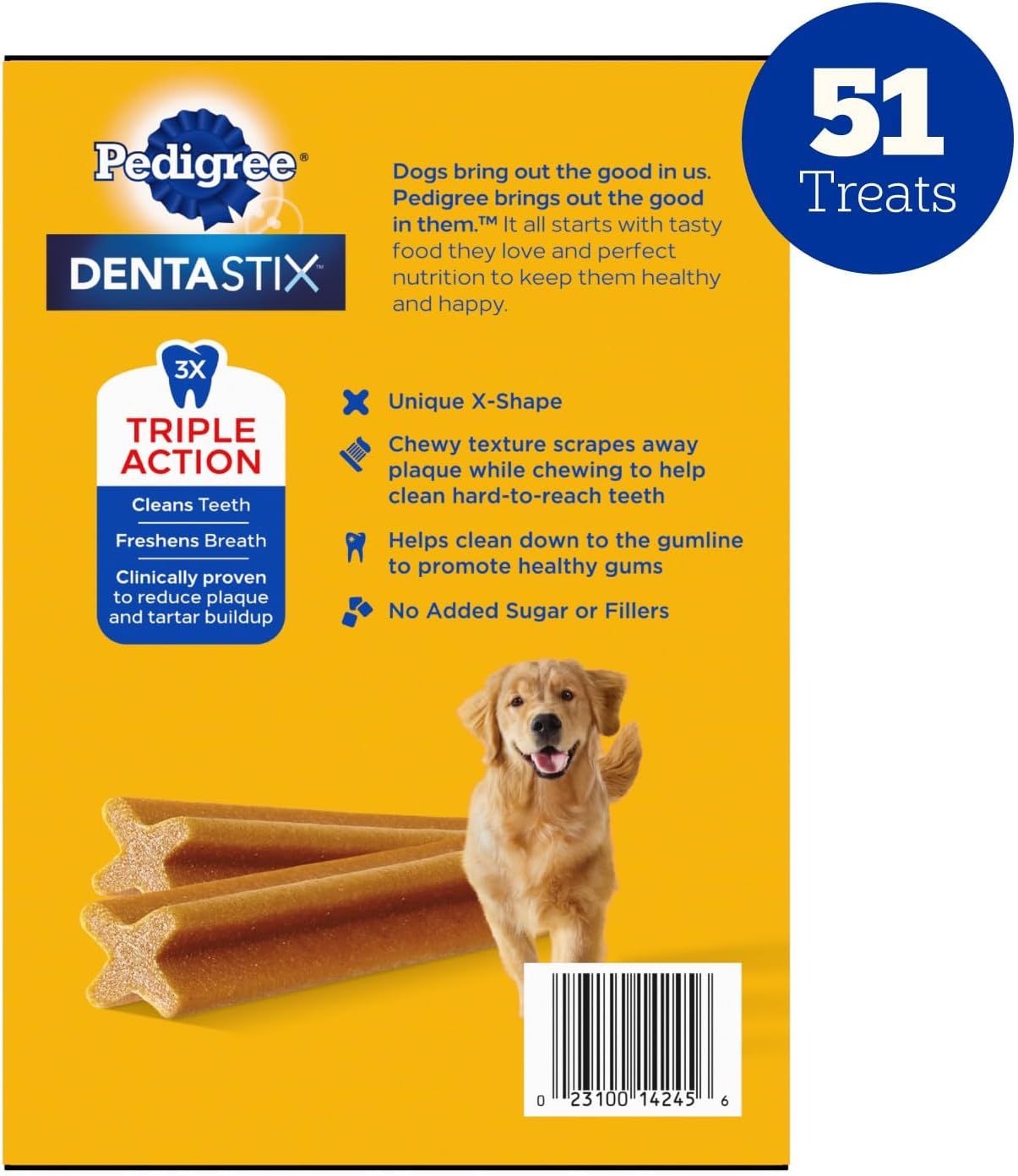 Communicates multiple distinct dental health benefits of the Dentastix product through a segmented layout with icons and bullet points, reassuring shoppers of comprehensive oral care for their dogs.