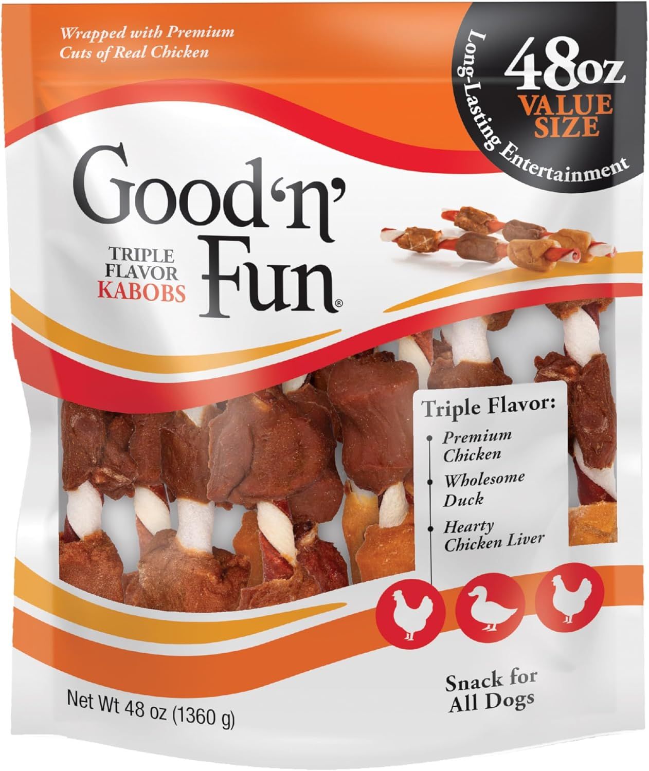 Communicates multiple product benefits including the triple flavor variety, premium ingredients, and value size to appeal to dog owners looking for quality and variety in pet treats.