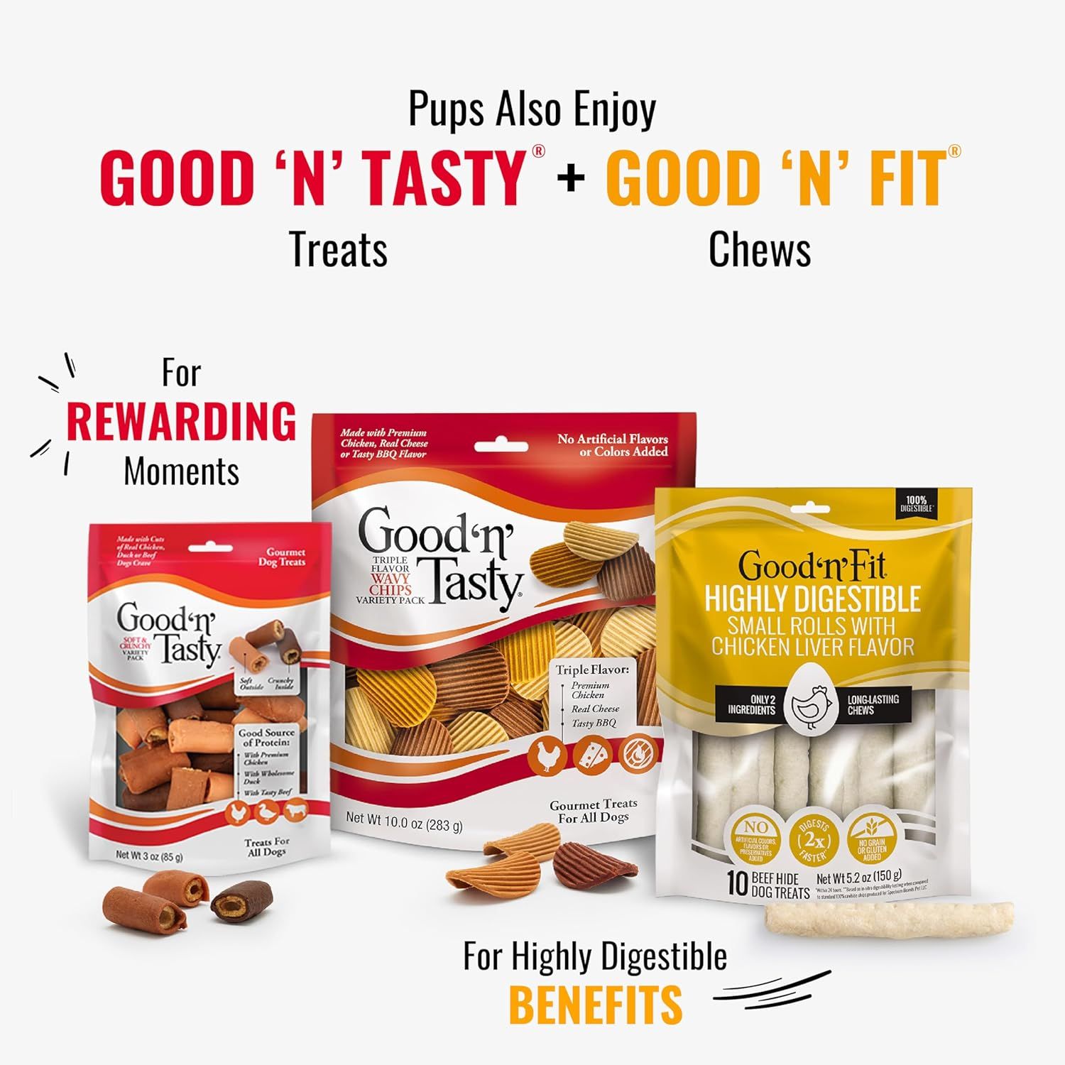Showcases the brand's product portfolio by displaying multiple product options from the Good 'n' Tasty and Good 'n' Fit lines, helping shoppers understand the range of treats and chews available for…