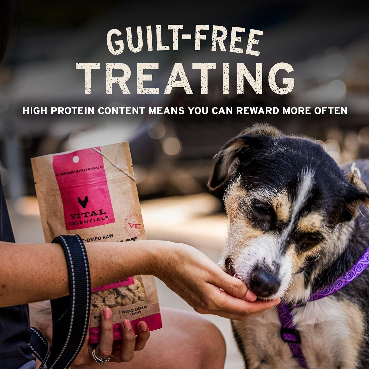 Communicates that the product's high protein content allows pet owners to reward their dogs more frequently without guilt, emphasizing a key nutritional benefit.