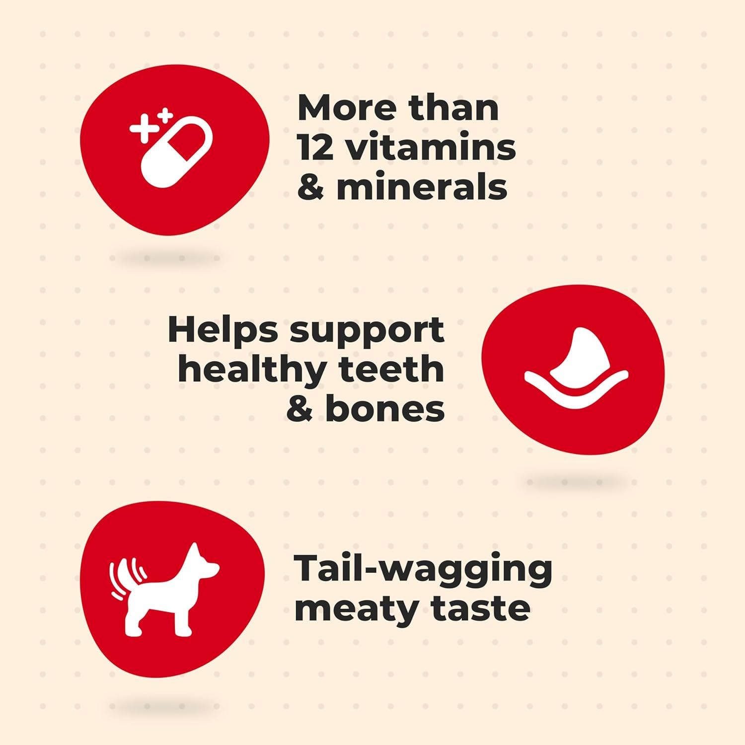 Communicates three distinct product benefits in a segmented layout: nutritional completeness, health support for teeth and bones, and palatability for dogs.