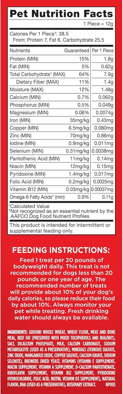 Provides detailed nutritional facts and feeding guidelines to help pet owners understand proper dosage and nutritional content for their dogs.