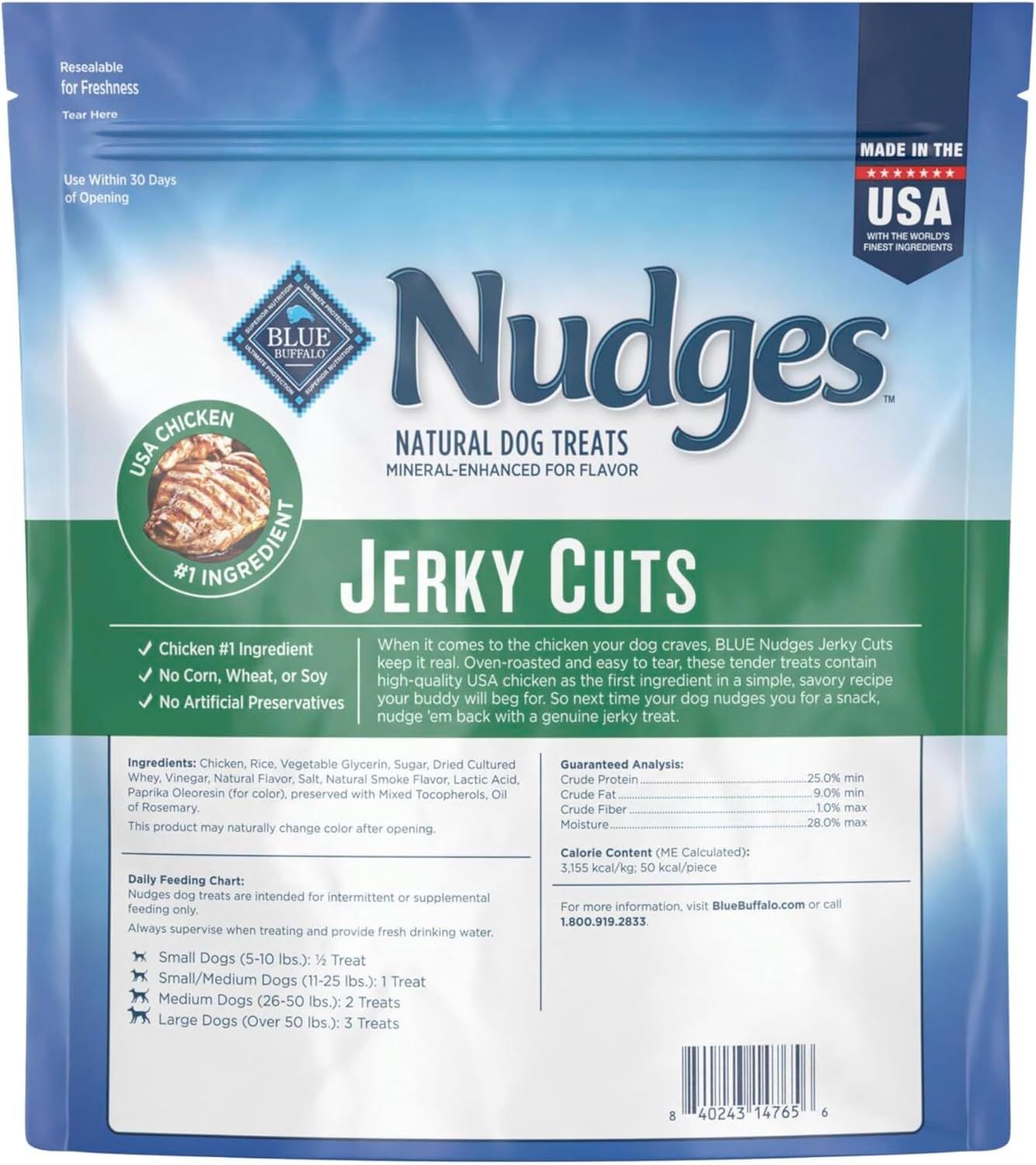 Communicates multiple key selling benefits of the dog treats in a segmented layout, including ingredient quality, what's excluded, and origin, to reassure pet owners about product quality and safety.