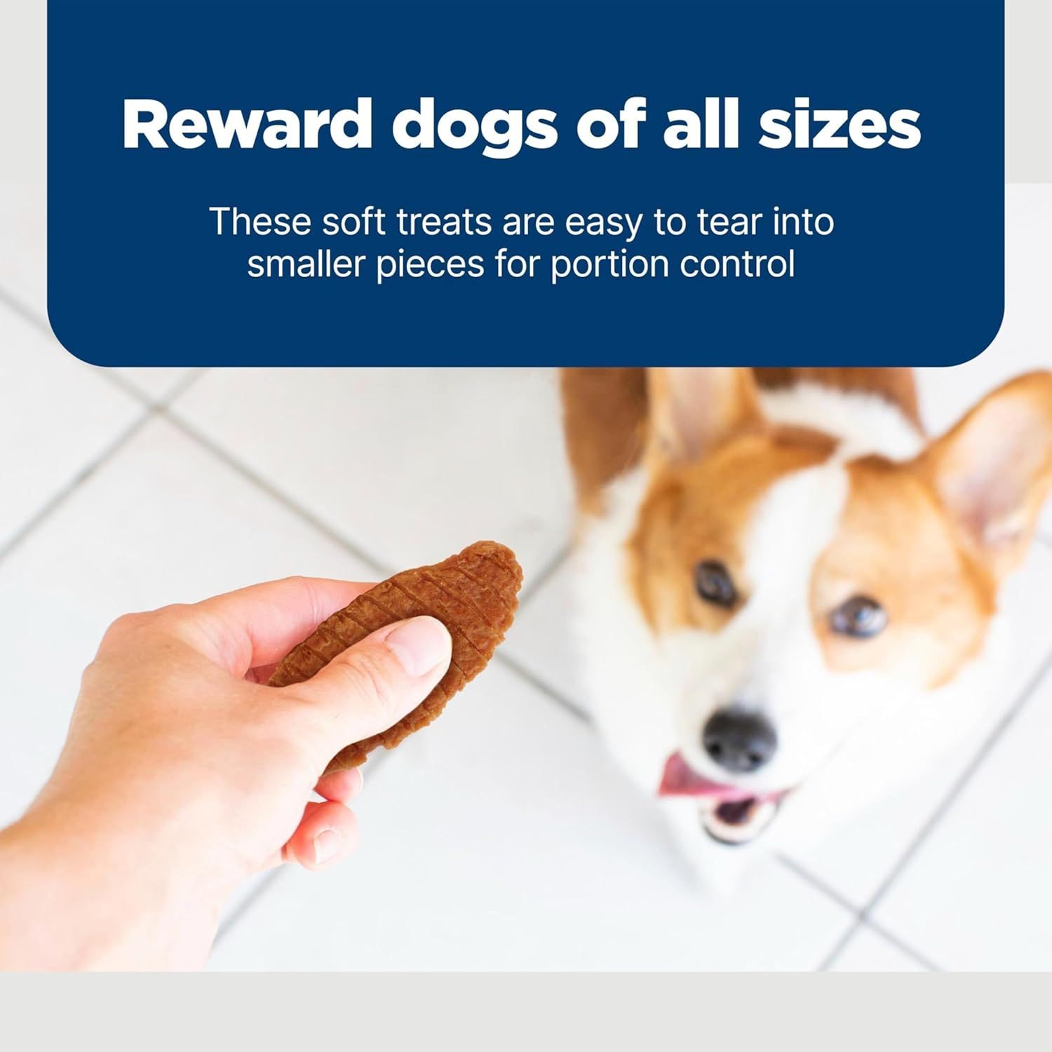 Communicates that the soft treats can be easily torn into smaller pieces for portion control, making them suitable for rewarding dogs of all sizes.