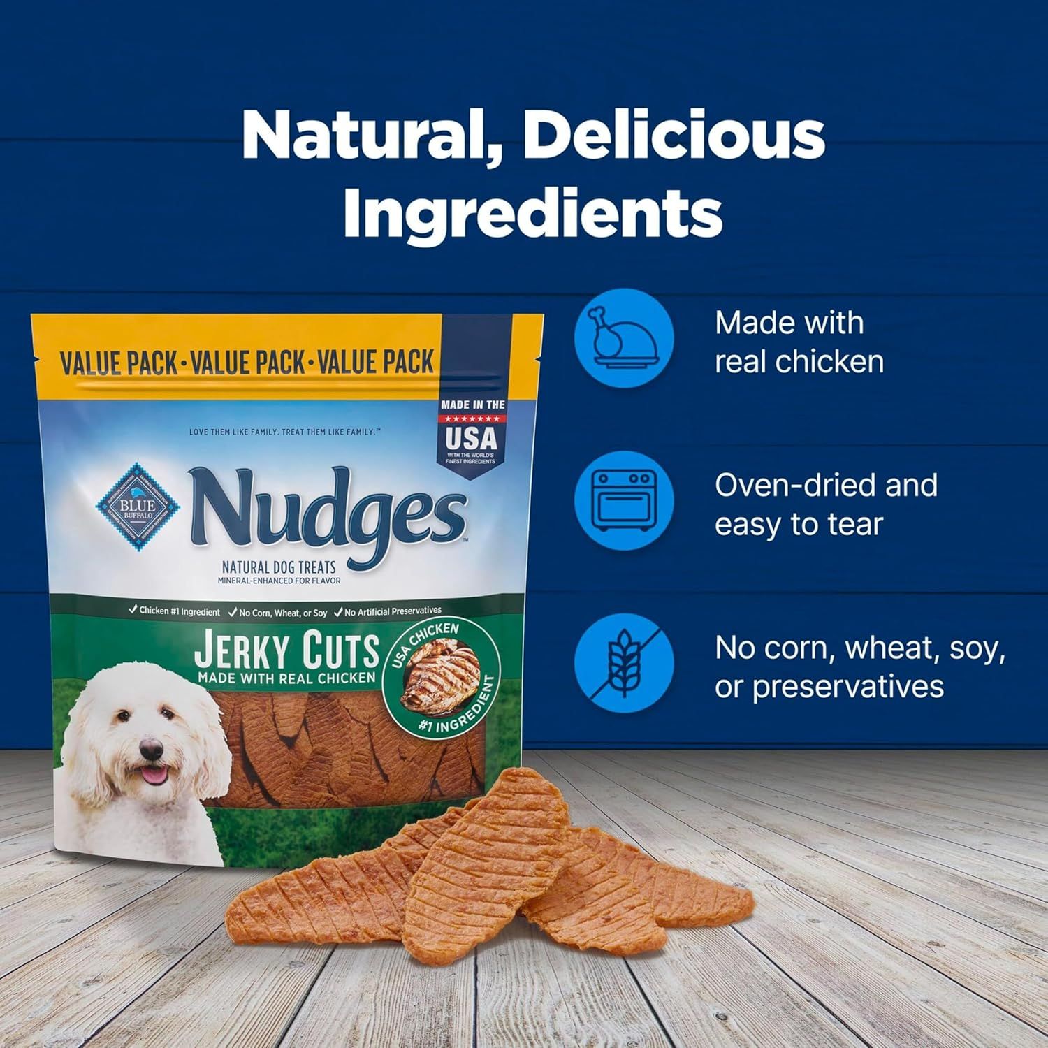 Communicates multiple key product benefits in a segmented layout with icons and text to reassure shoppers about ingredient quality, preparation method, and absence of allergens.